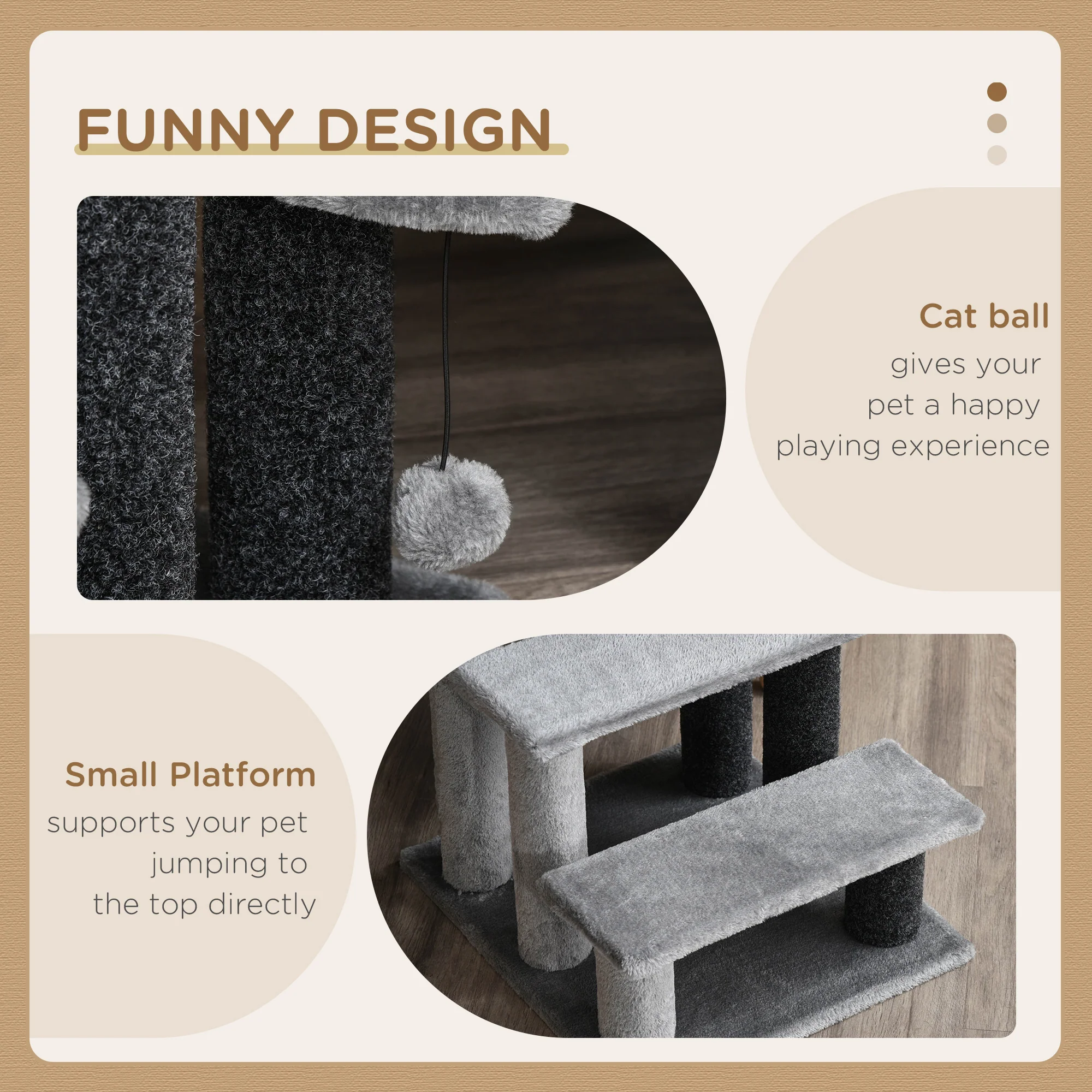 PawHut Pet Stairs with 3-step Stair, Scratching Posts, Platforms, Toy Ball - Image 4
