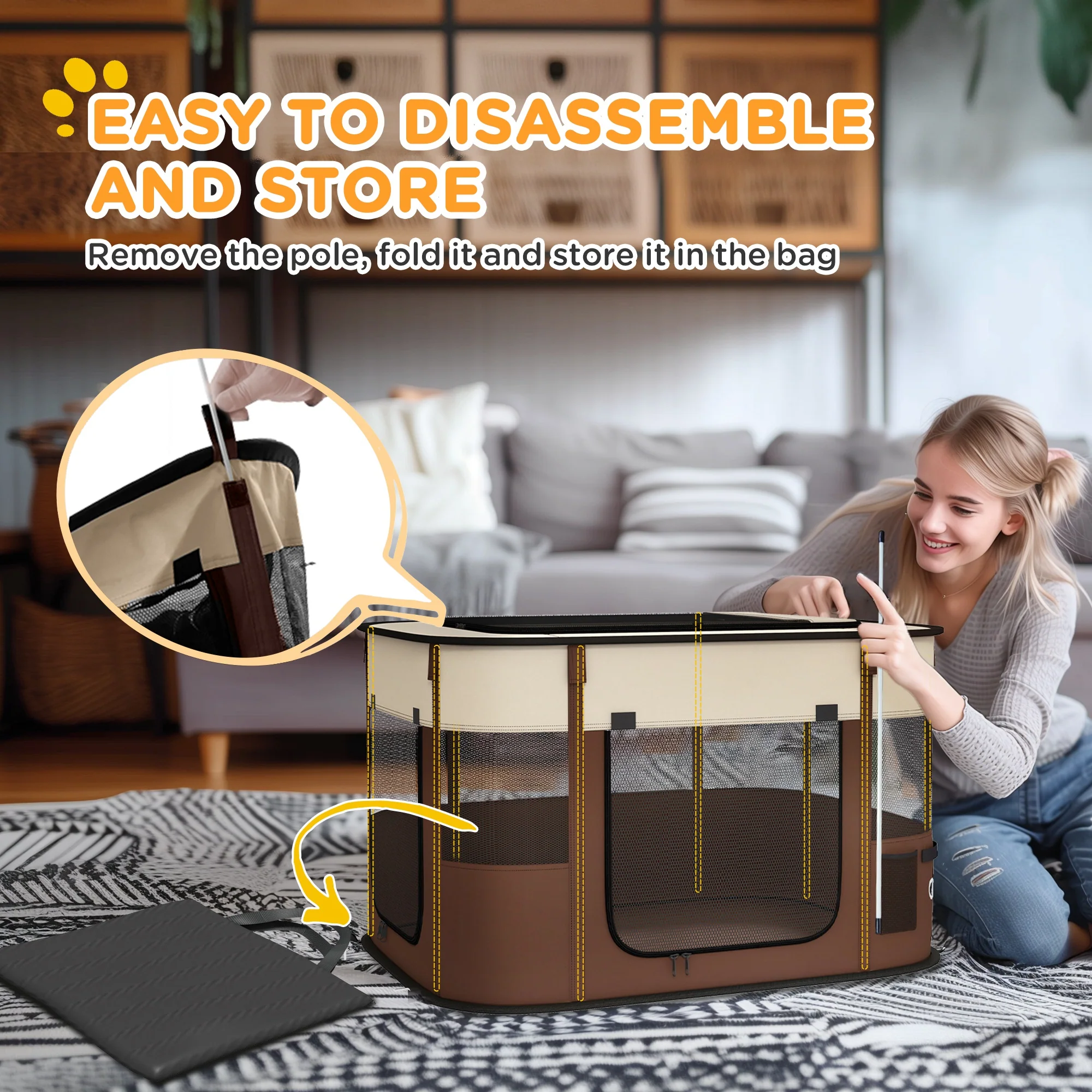 PawHut Portable Dog Pen For Puppies, Rabbits, Kittens, Guinea Pigs - Brown - Image 15