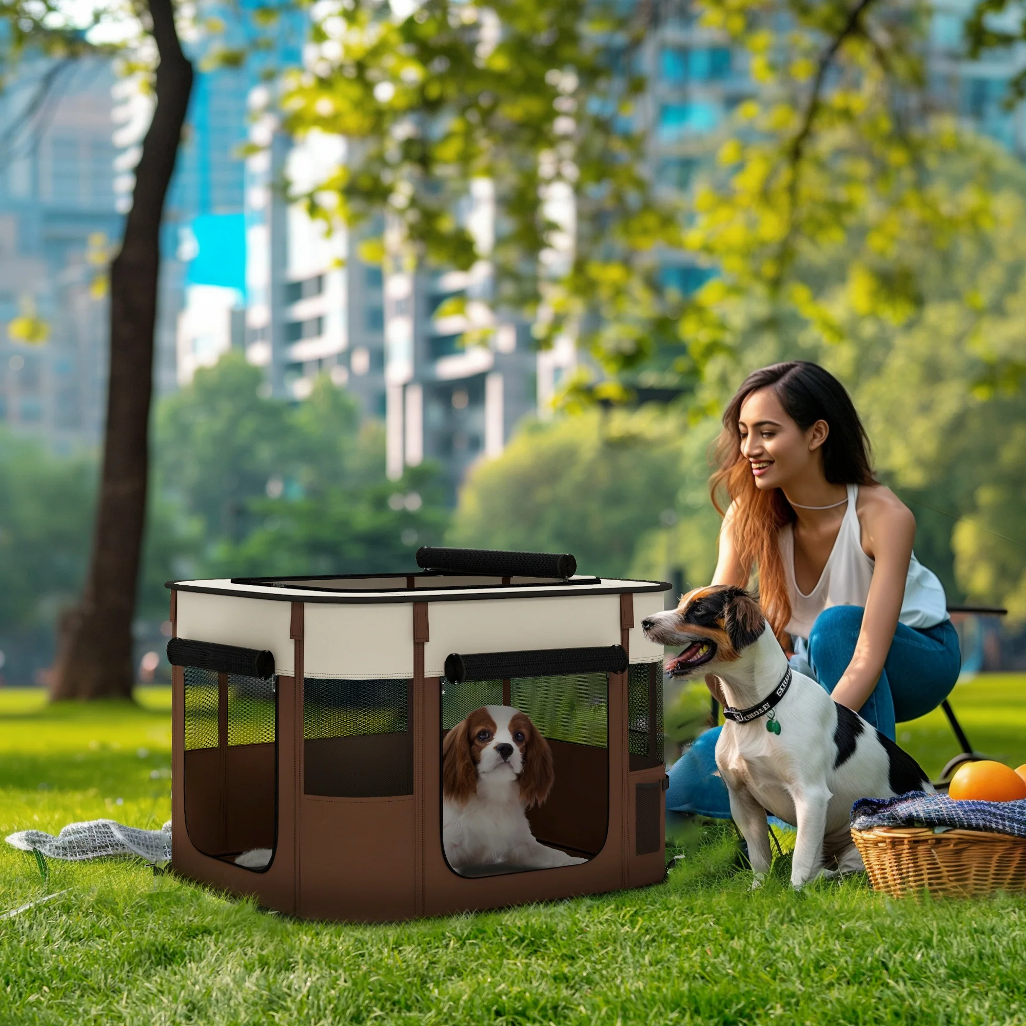 PawHut Portable Dog Pen For Puppies, Rabbits, Kittens, Guinea Pigs - Brown - Image 2