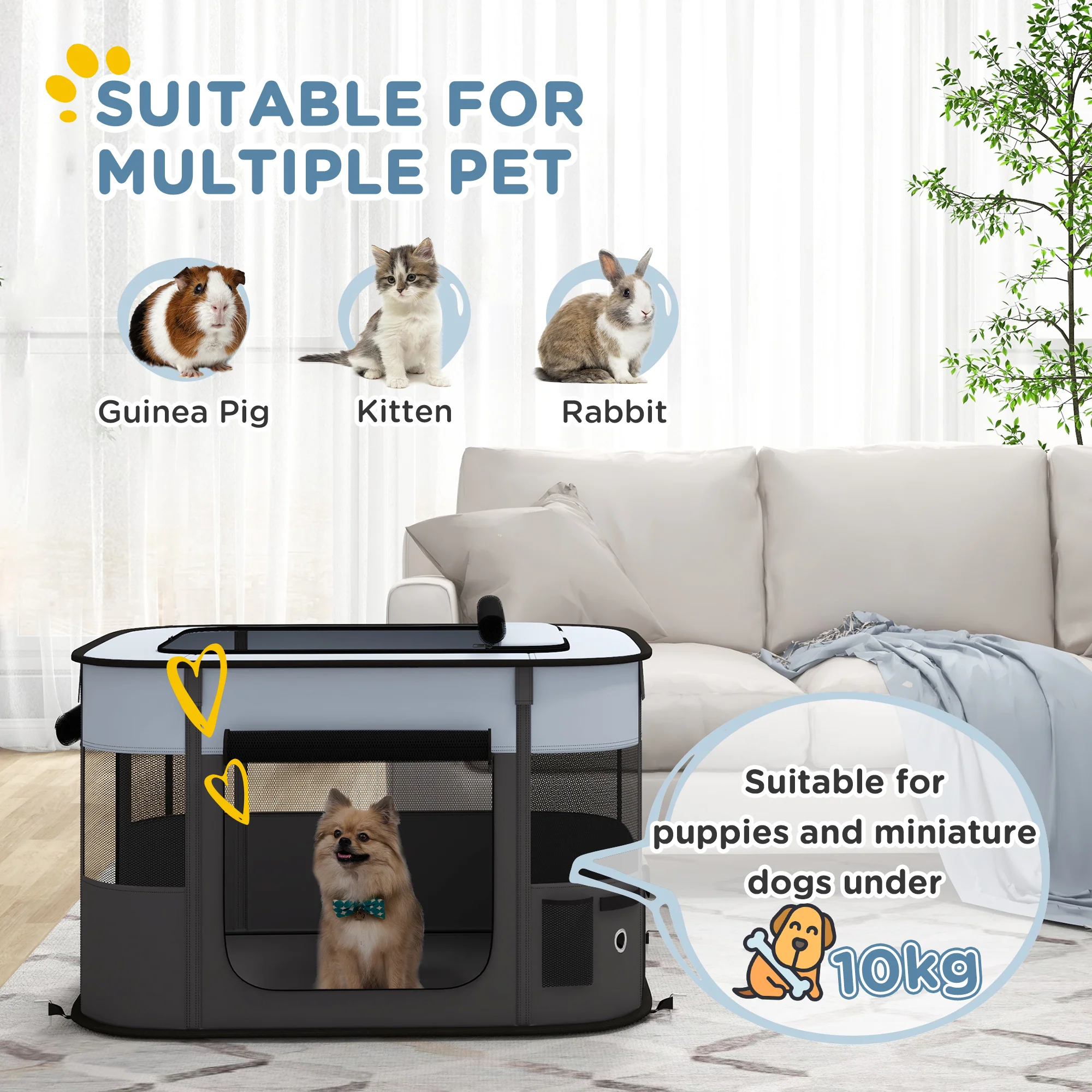 PawHut Portable Dog Pen for Puppies, Rabbits, Kittens, Guinea Pigs - Grey - Image 21