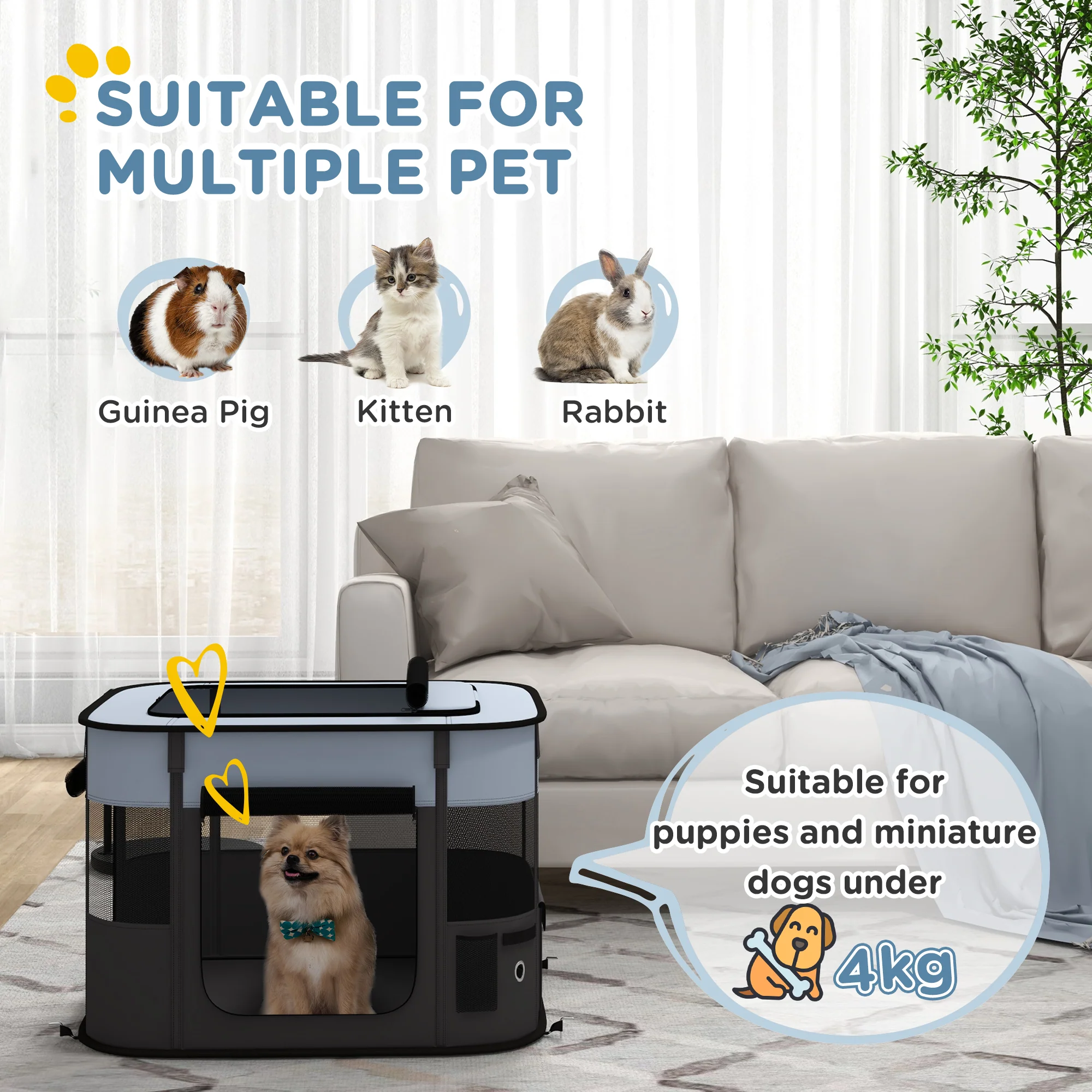 PawHut Portable Dog Pen for Puppies, Rabbits, Kittens, Guinea Pigs - Grey - Image 3