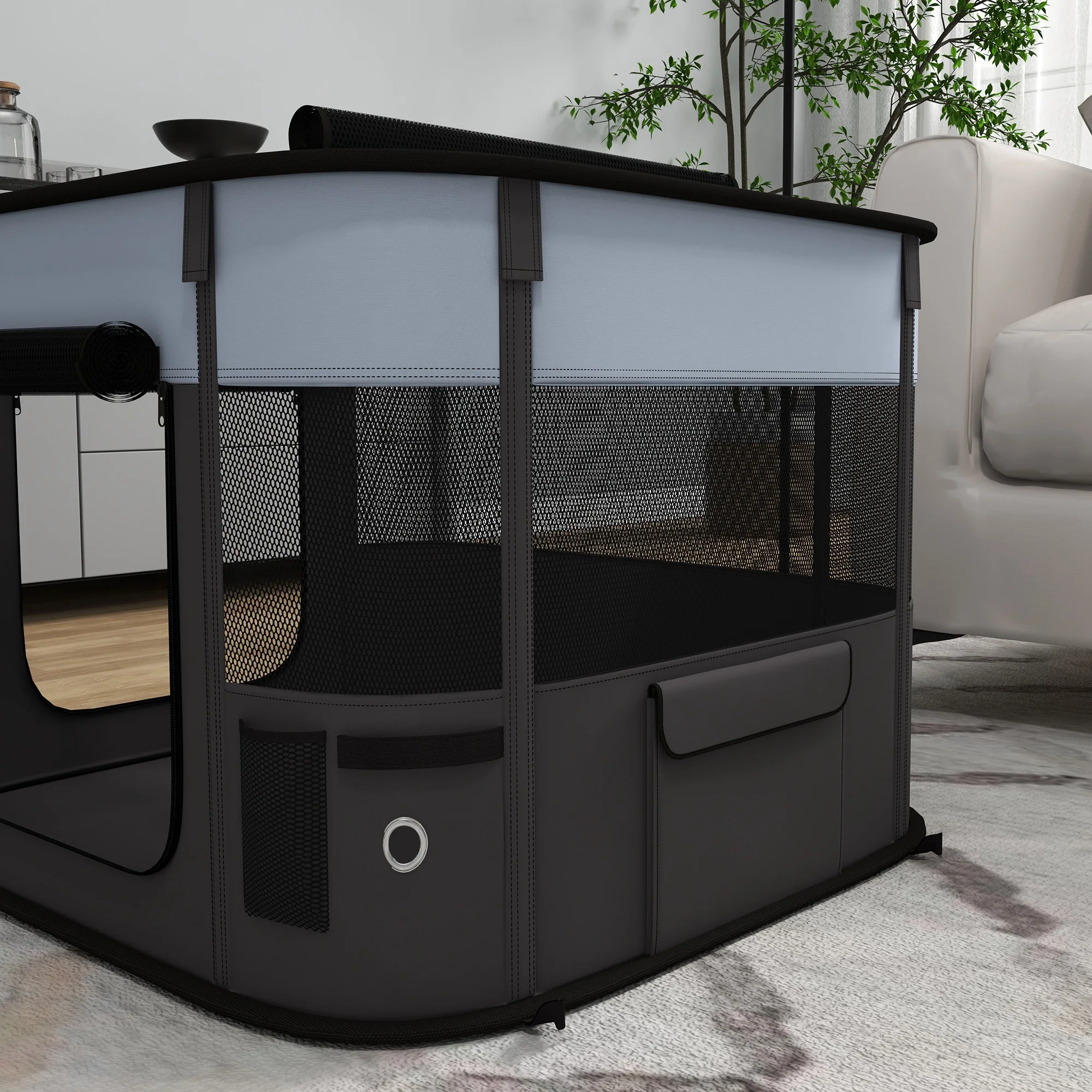 PawHut Portable Dog Pen for Puppies, Rabbits, Kittens, Guinea Pigs - Grey - Image 9