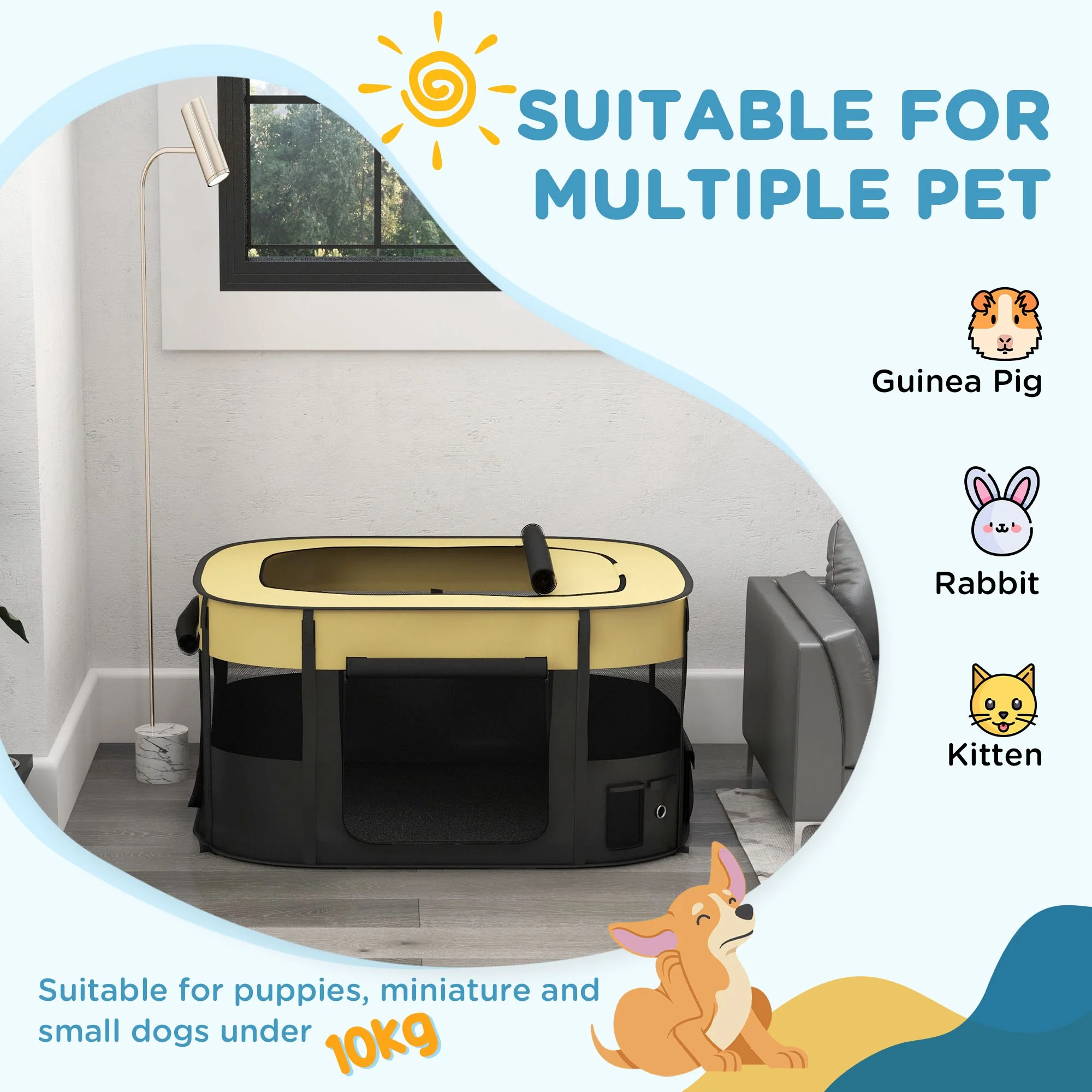 PawHut Portable Dog Pen For Puppies, Rabbits, Kittens, Guinea Pigs - Yellow - Image 12