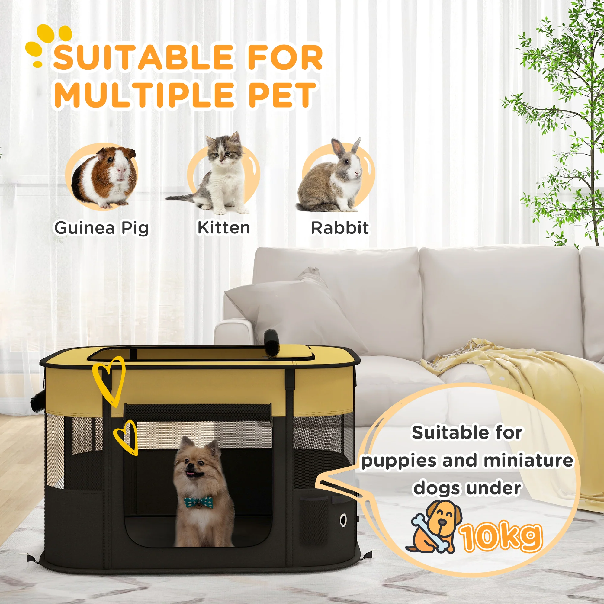 PawHut Portable Dog Pen For Puppies, Rabbits, Kittens, Guinea Pigs - Yellow - Image 3