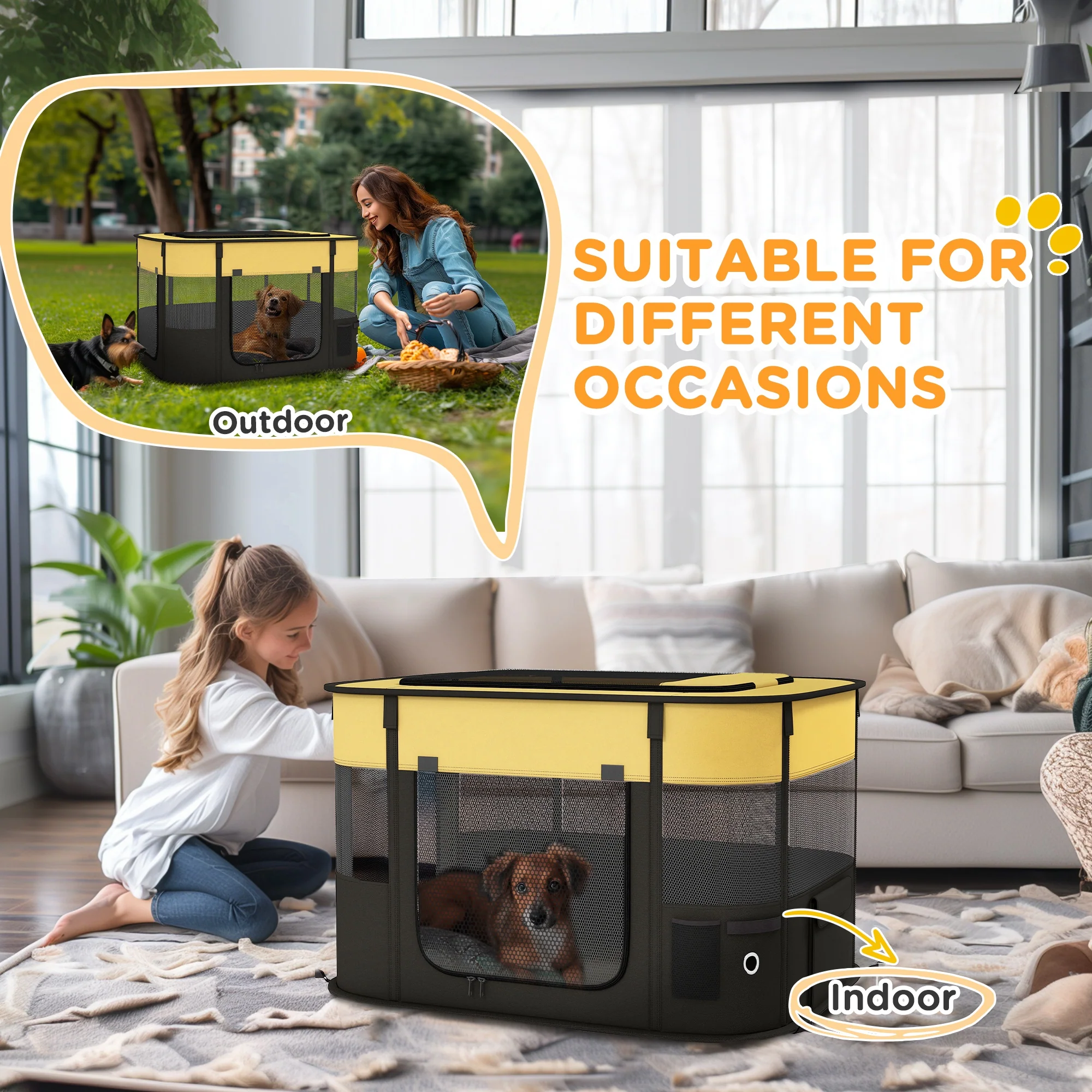 PawHut Portable Dog Pen For Puppies, Rabbits, Kittens, Guinea Pigs - Yellow - Image 7