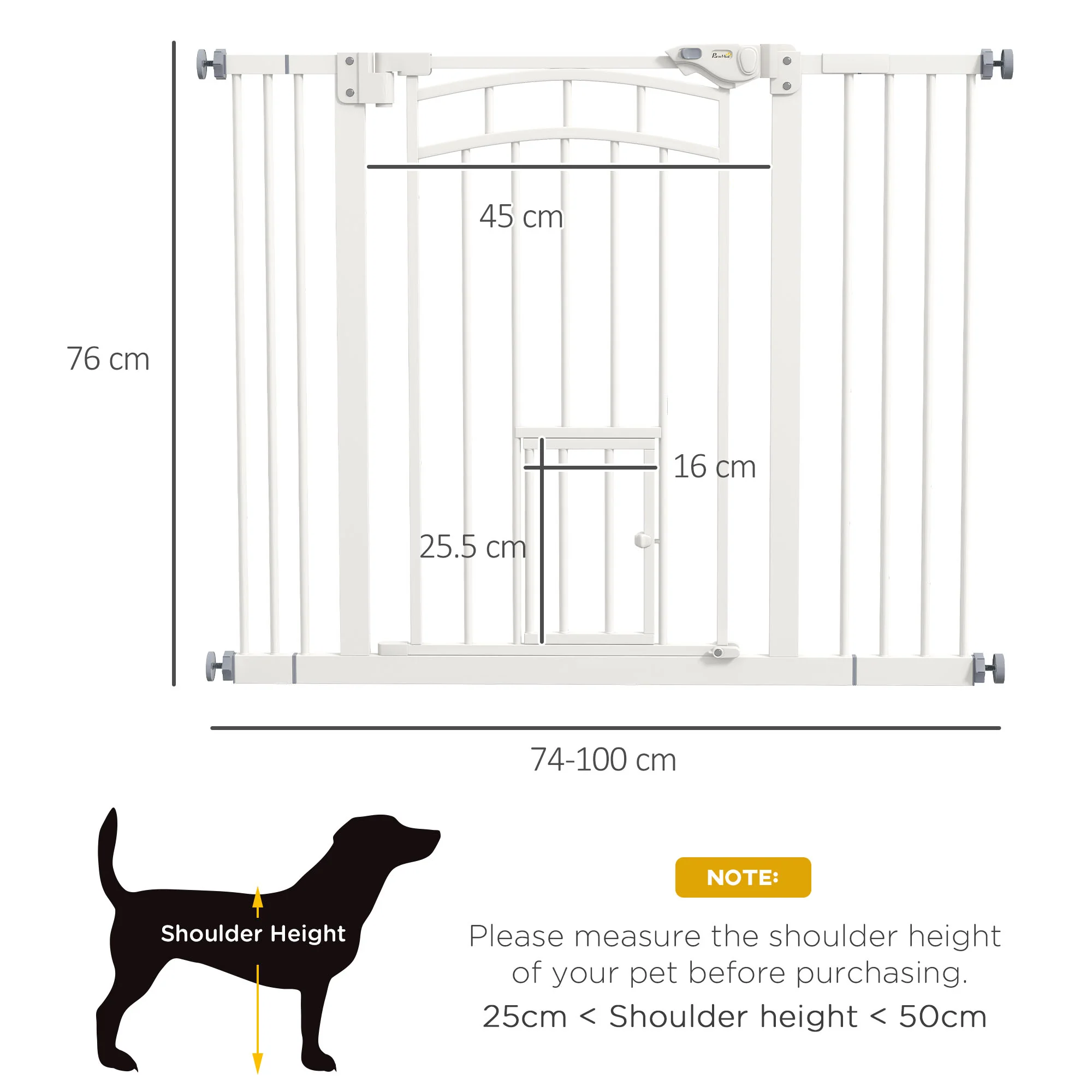 PawHut Pressure Fit Safety Gate, Dog Gate w/ Small Cat Door, 74-100cm Openings - Image 5