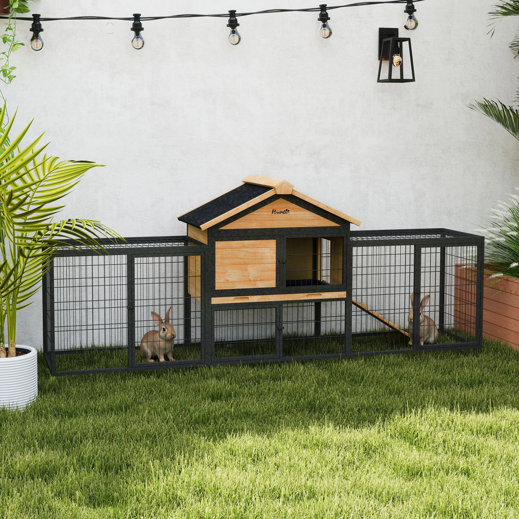 PawHut Rabbit Hutch Outdoor With Steel Run Removable Plastic Tray Natural - Image 2