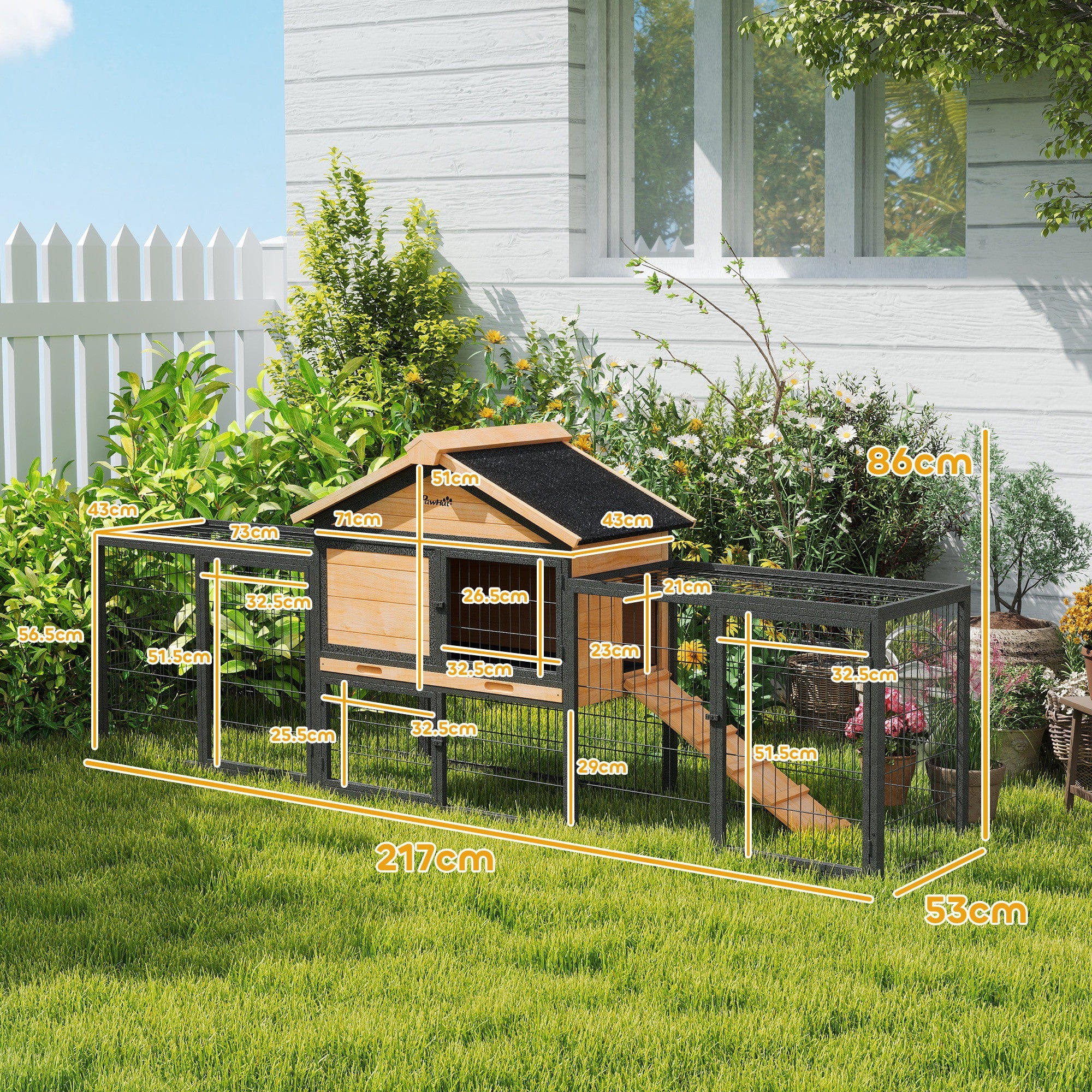 PawHut Rabbit Hutch Outdoor With Steel Run Removable Plastic Tray Natural - Image 5