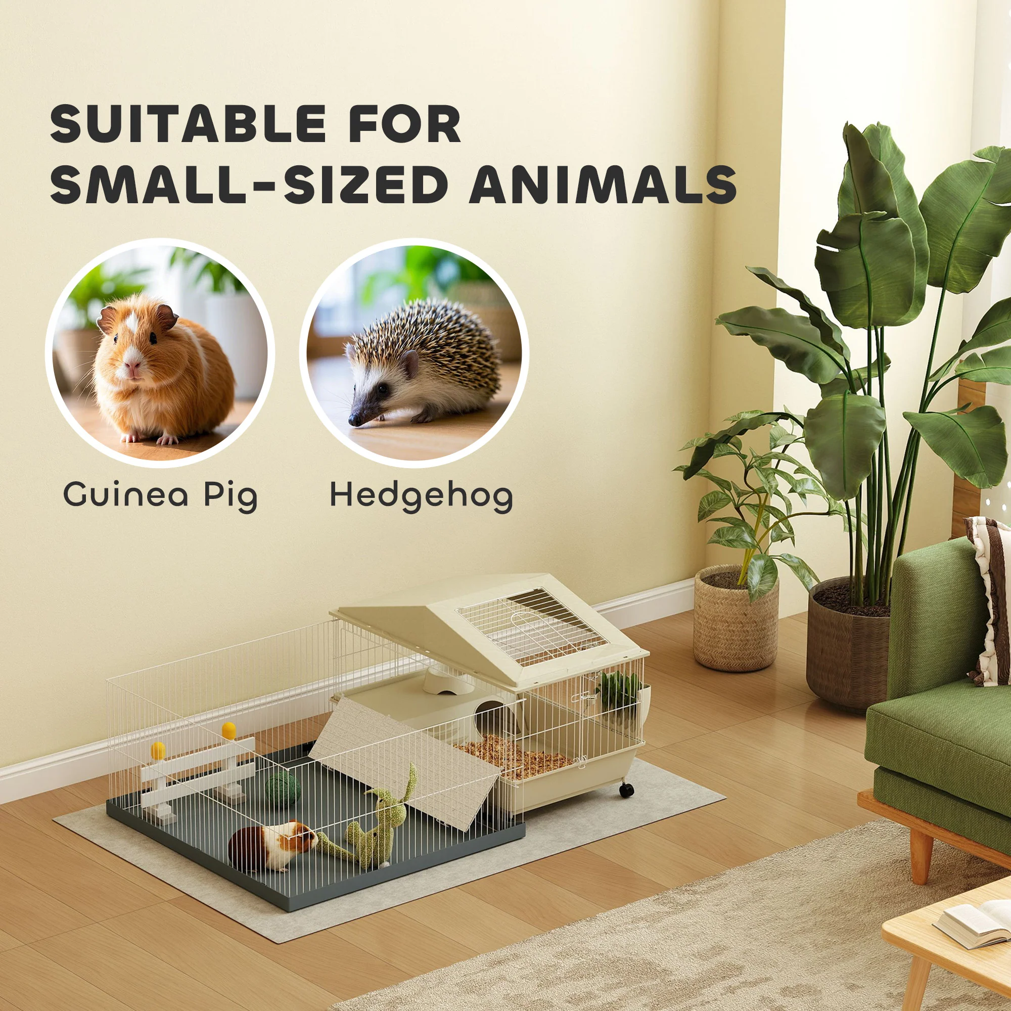 PawHut Small Animal Cage, Guinea Pig Cage with Removable Pet Playpen, Beige - Image 7