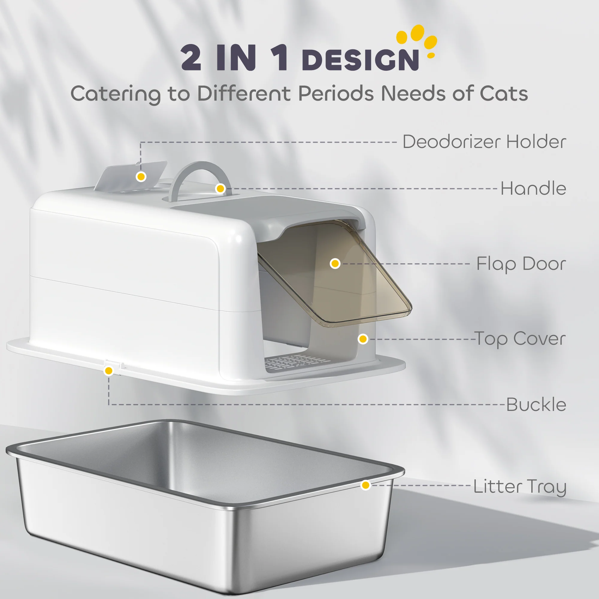 PawHut Stainless Steel Cat Litter Box with Removable Lid, Scoop, White - Image 6