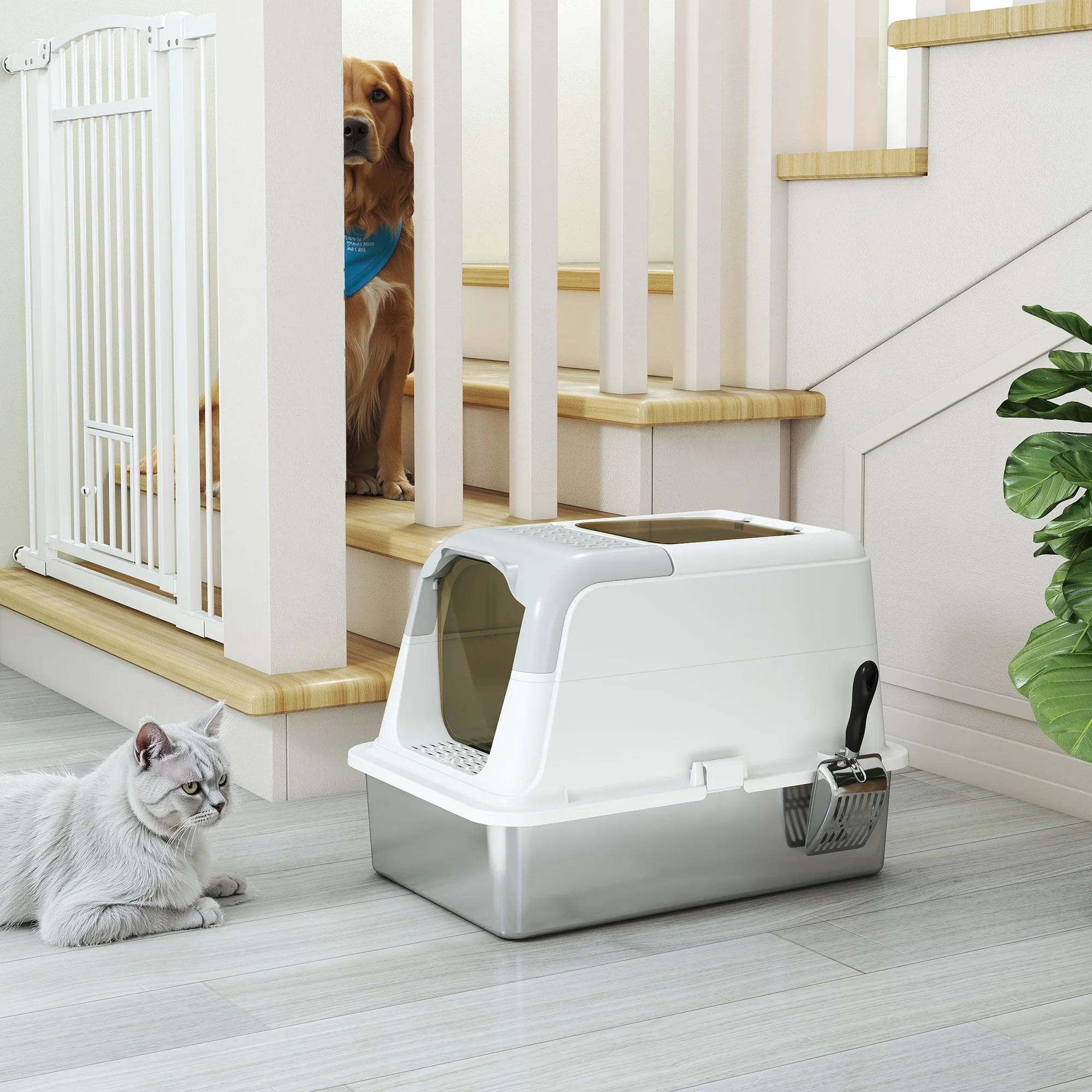 PawHut Stainless Steel Litter Box, Enclosed Metal Litter Tray With Scoop - Image 9