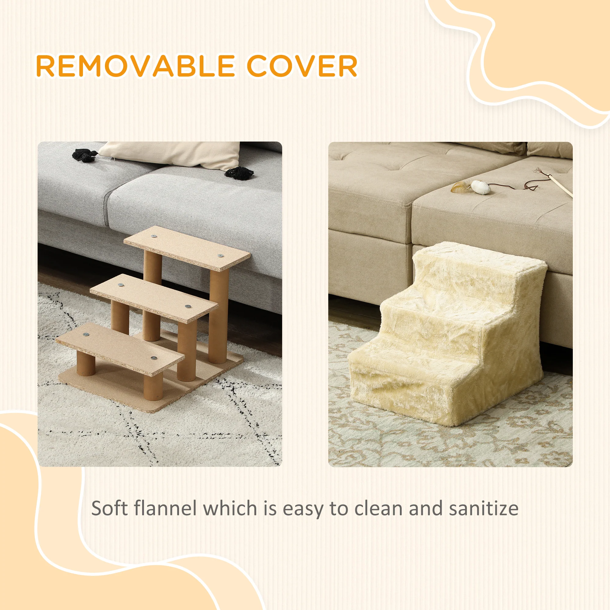 PawHut Three-Step Portable Dog Stairs With Washable Plush Cover, For Small Pets - Image 4
