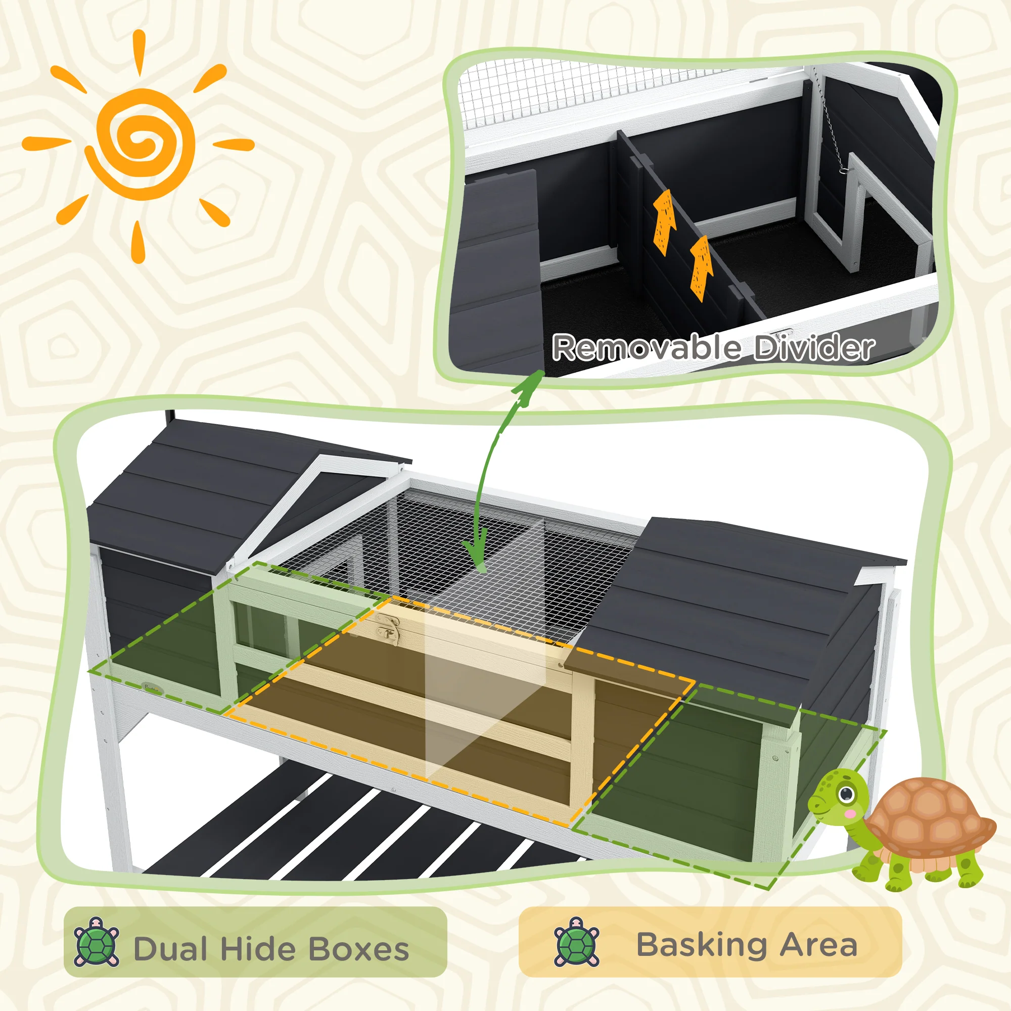 PawHut Tortoise House w/ Adjustable Lamp Holder, Openable Lid, Dual Main Houses - Image 3