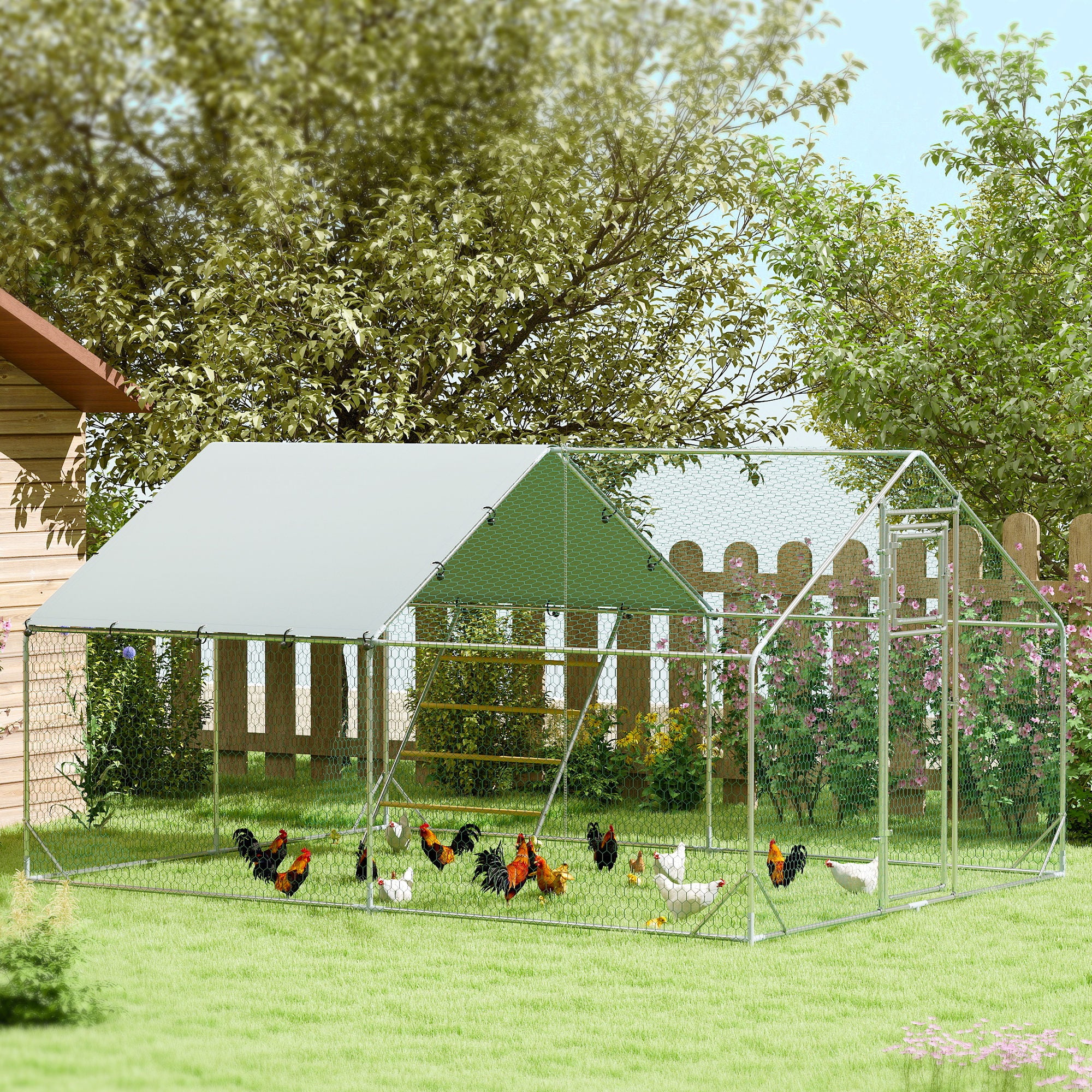 PawHut Walk In Chicken Run W/ Cover, Hanging Feeder, Perch For 12-18 Poultry - Image 2