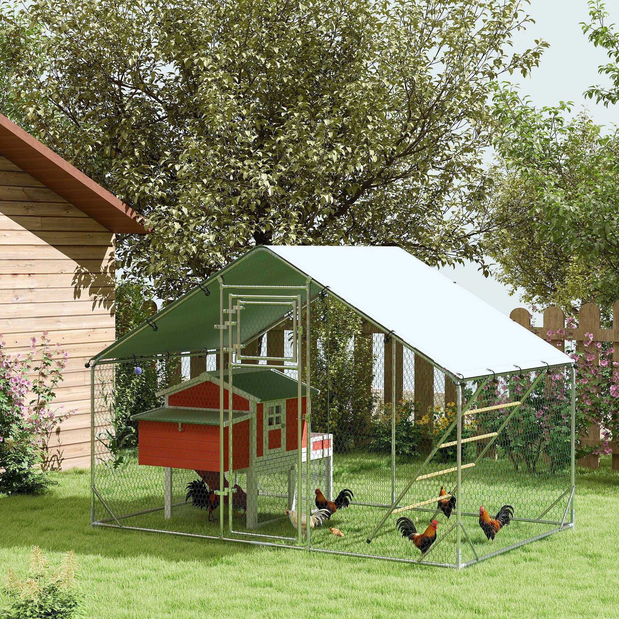 PawHut Walk In Chicken Run W/ Cover, Hanging Feeder, Perch, For 6-8 Poultry - Image 2