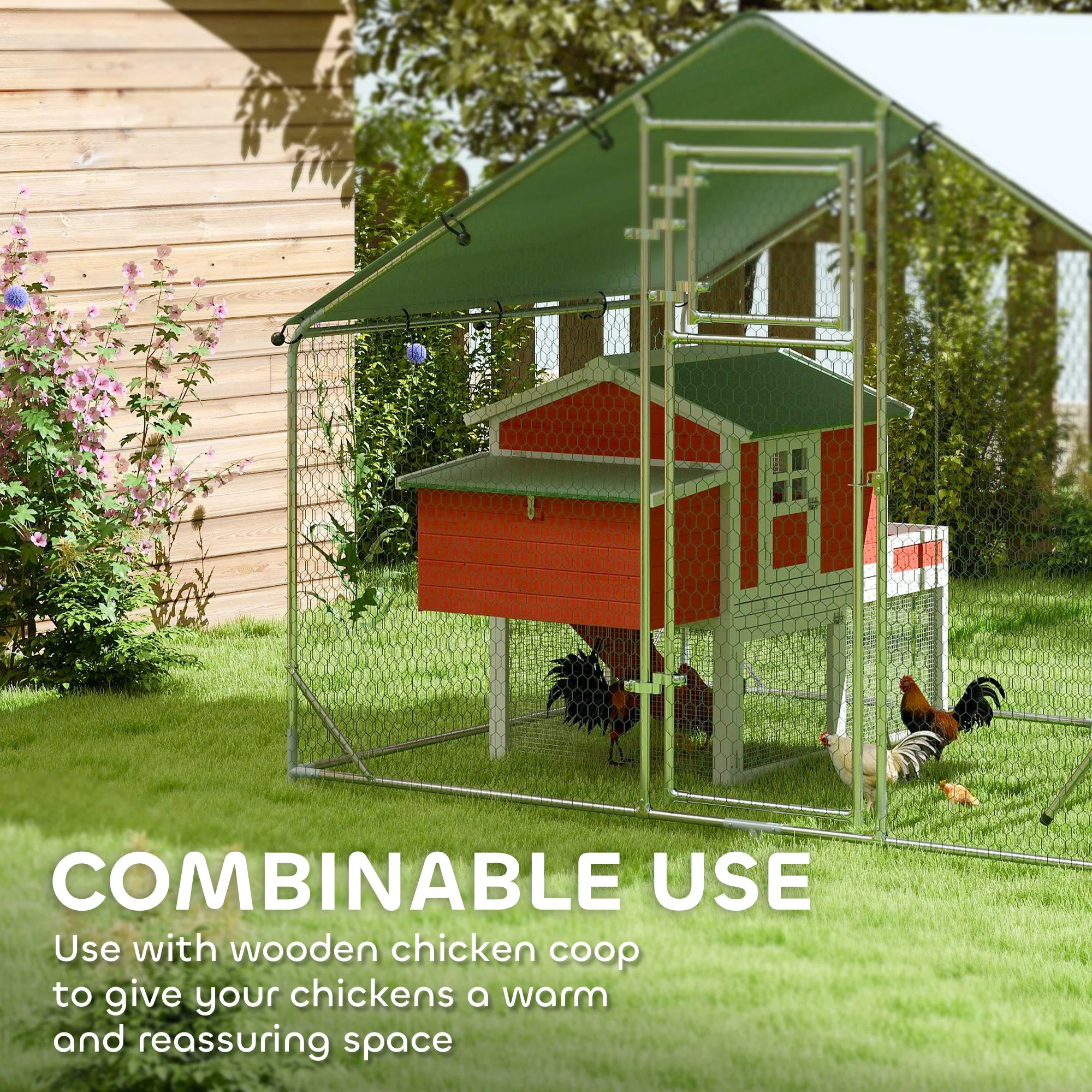 PawHut Walk In Chicken Run W/ Cover, Hanging Feeder, Perch, For 6-8 Poultry - Image 8
