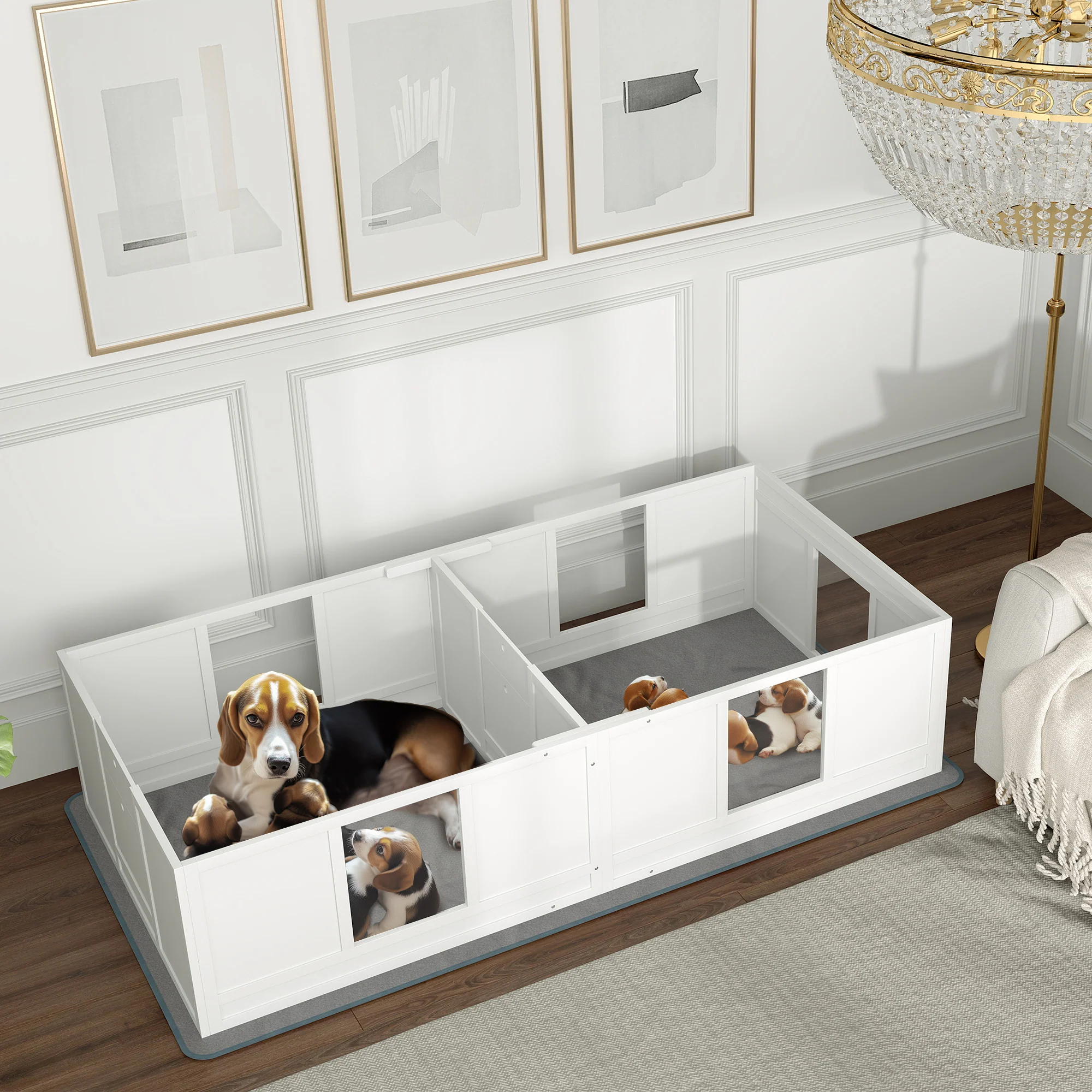 PawHut Whelping Box for Dogs with Whelping Pad, Two Room Design - White - Image 11