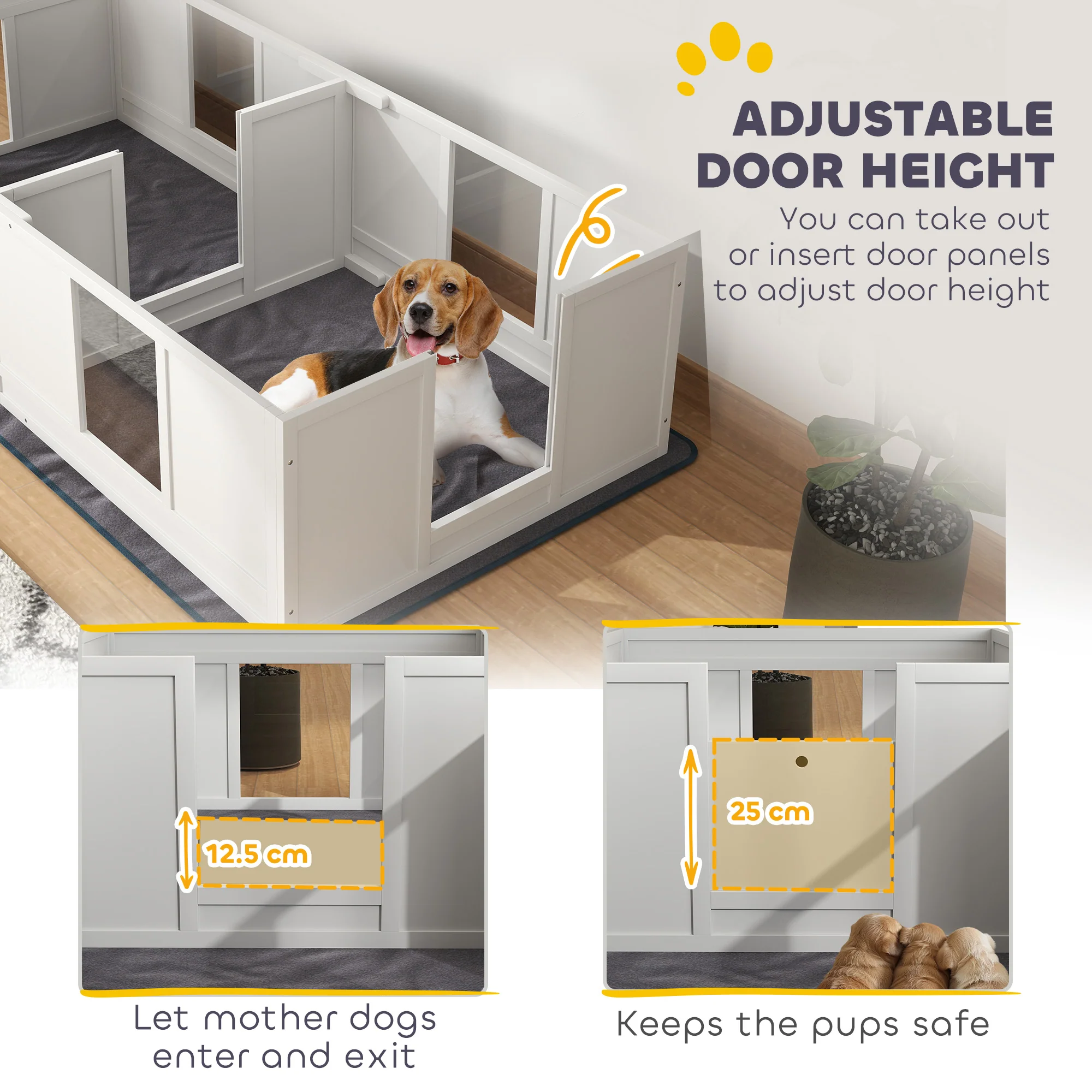 PawHut Whelping Box for Dogs with Whelping Pad, Two Room Design - White - Image 13