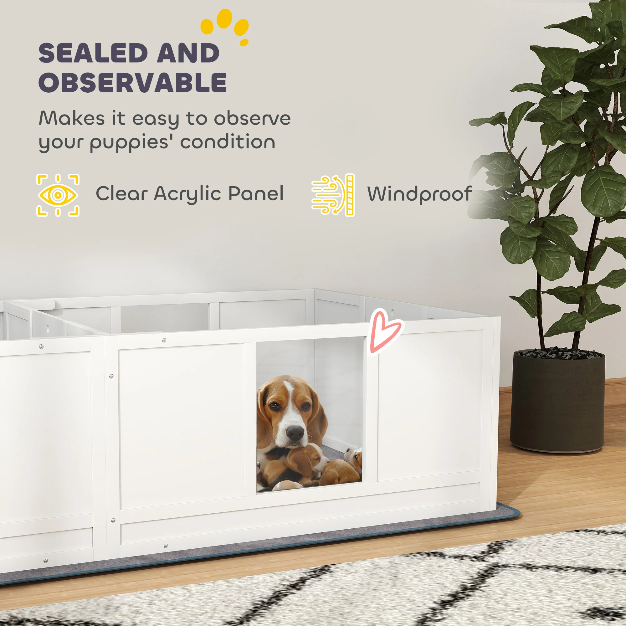 PawHut Whelping Box for Dogs with Whelping Pad, Two Room Design - White - Image 15