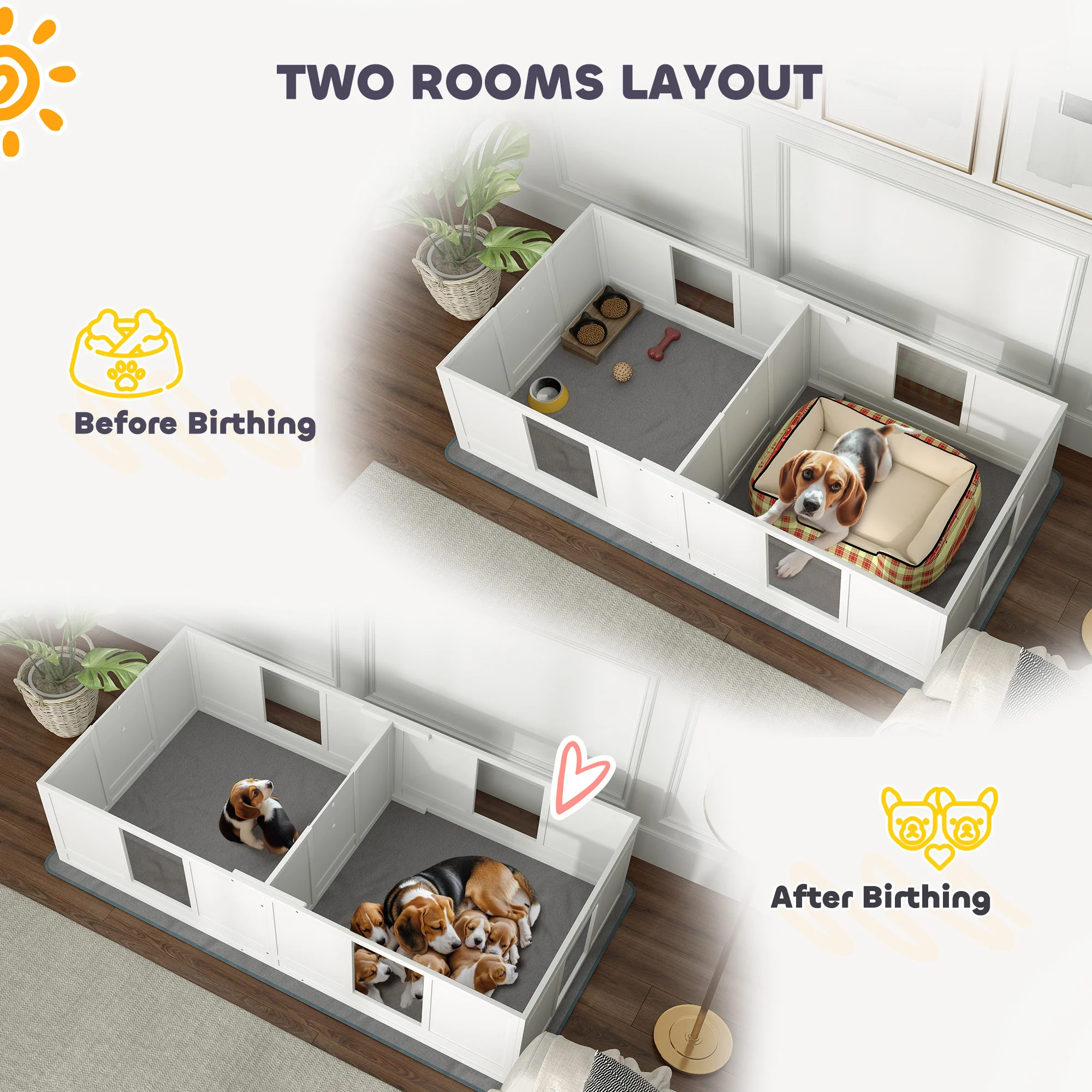 PawHut Whelping Box for Dogs with Whelping Pad, Two Room Design - White - Image 16