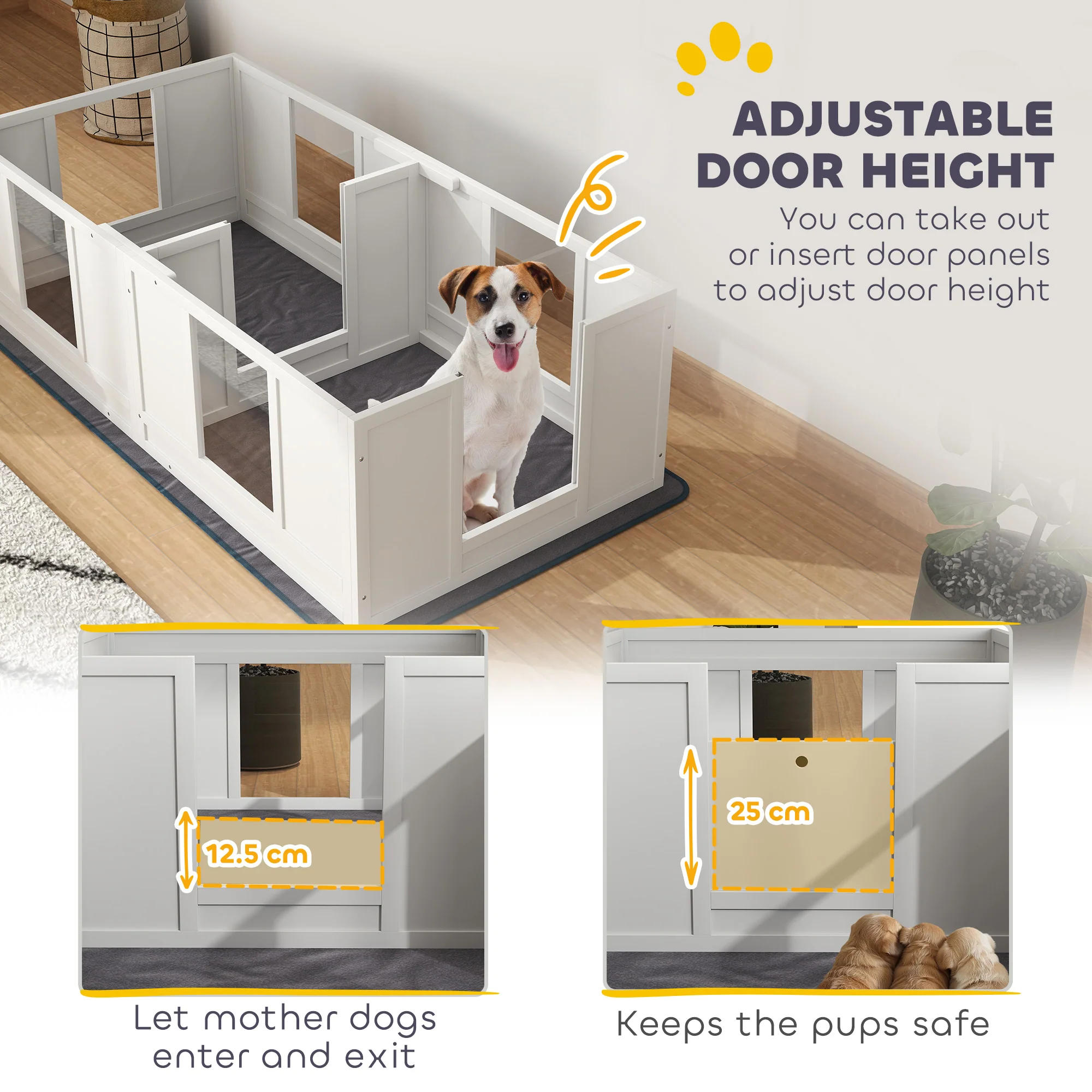 PawHut Whelping Box for Dogs with Whelping Pad, Two Room Design - White - Image 4