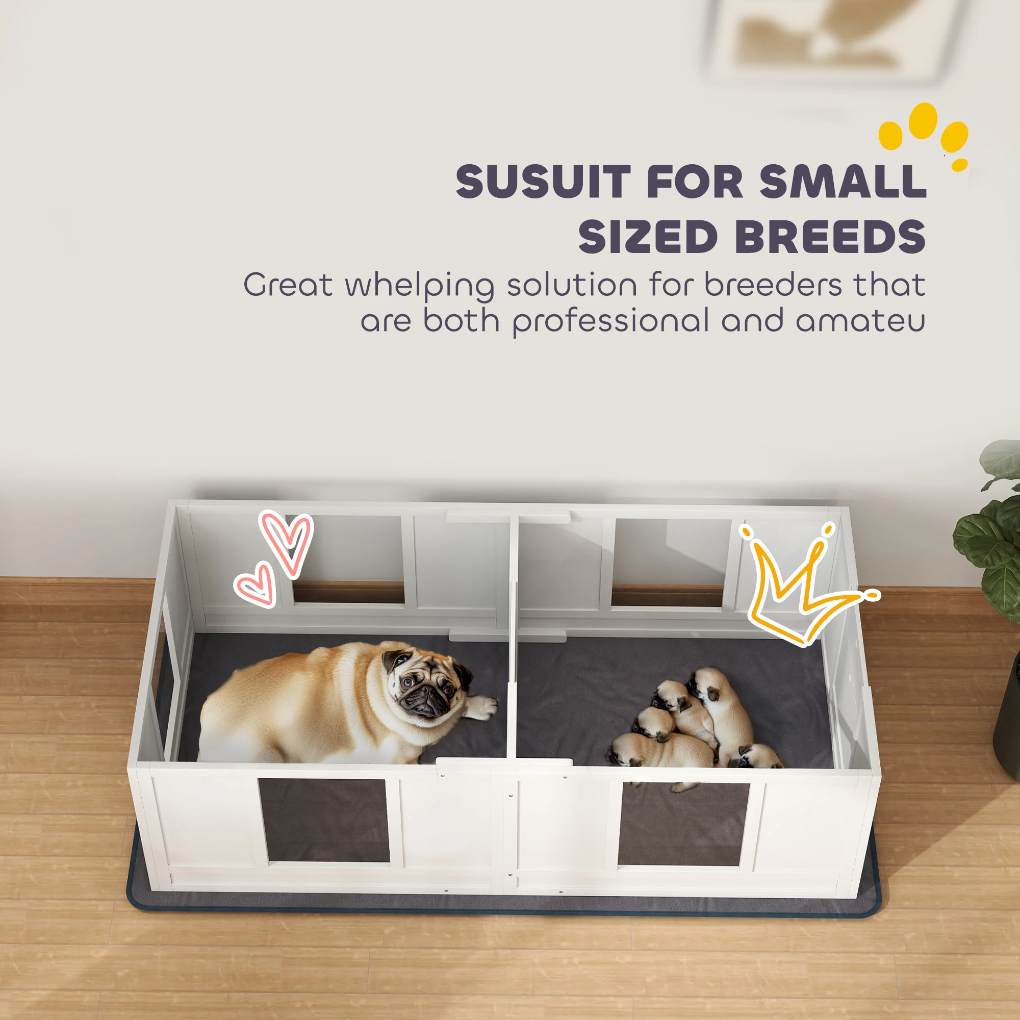 PawHut Whelping Box for Dogs with Whelping Pad, Two Room Design - White - Image 9