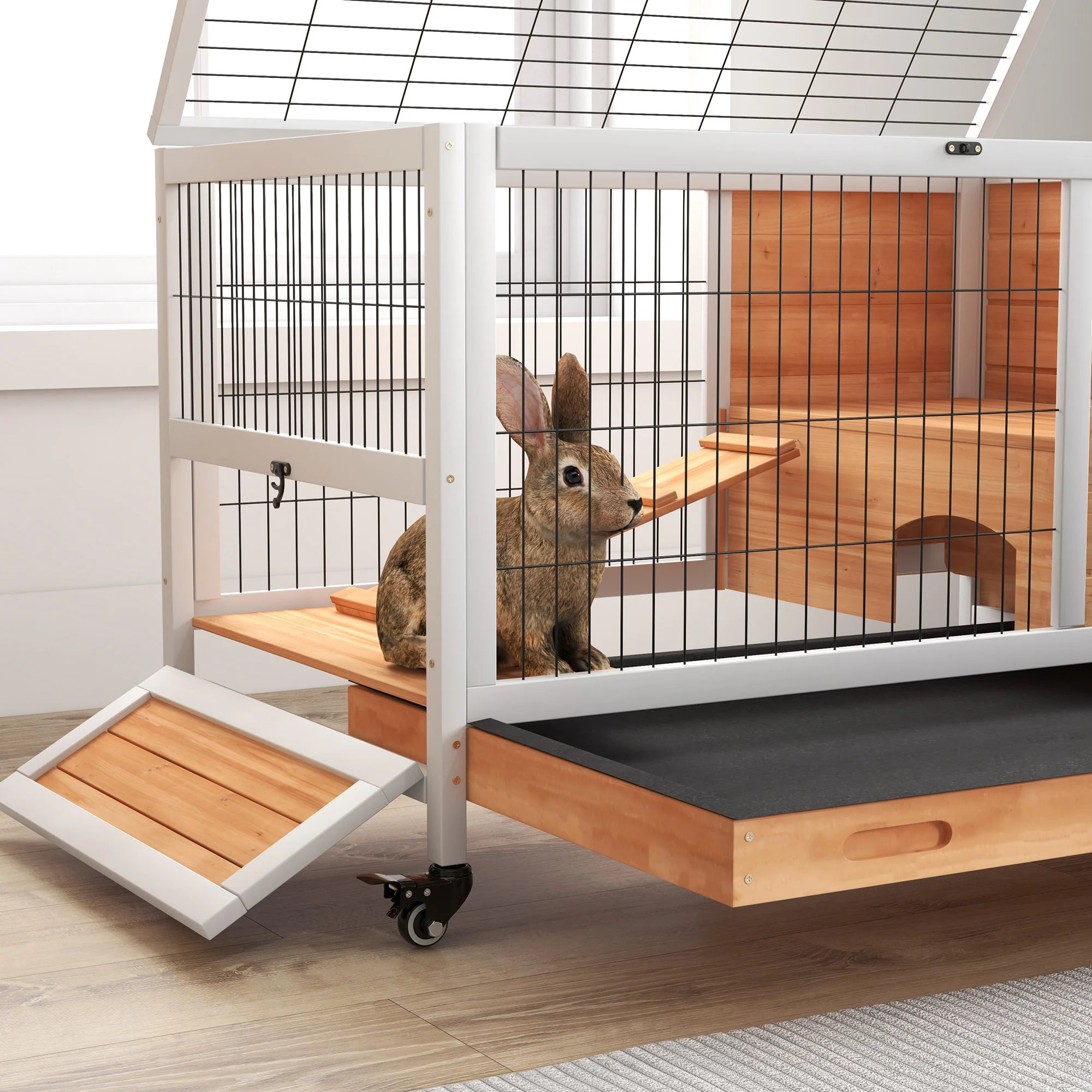 PawHut Wood Indoor Rabbit Hutch 2-Floor Design W/ Wheels, Yellow - Image 8