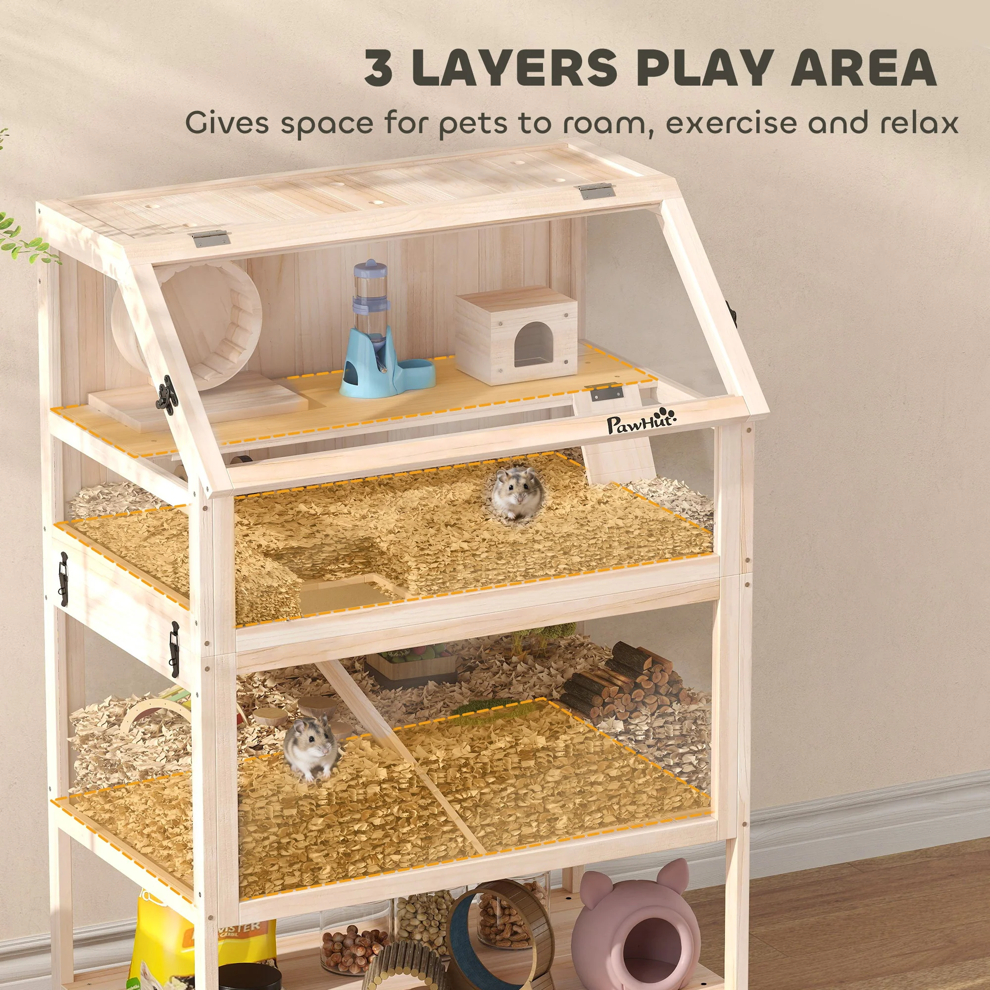 PawHut Wooden 3 Tier Hamster Cage With Storage Shelf For Dwarf, Gerbil - Image 3