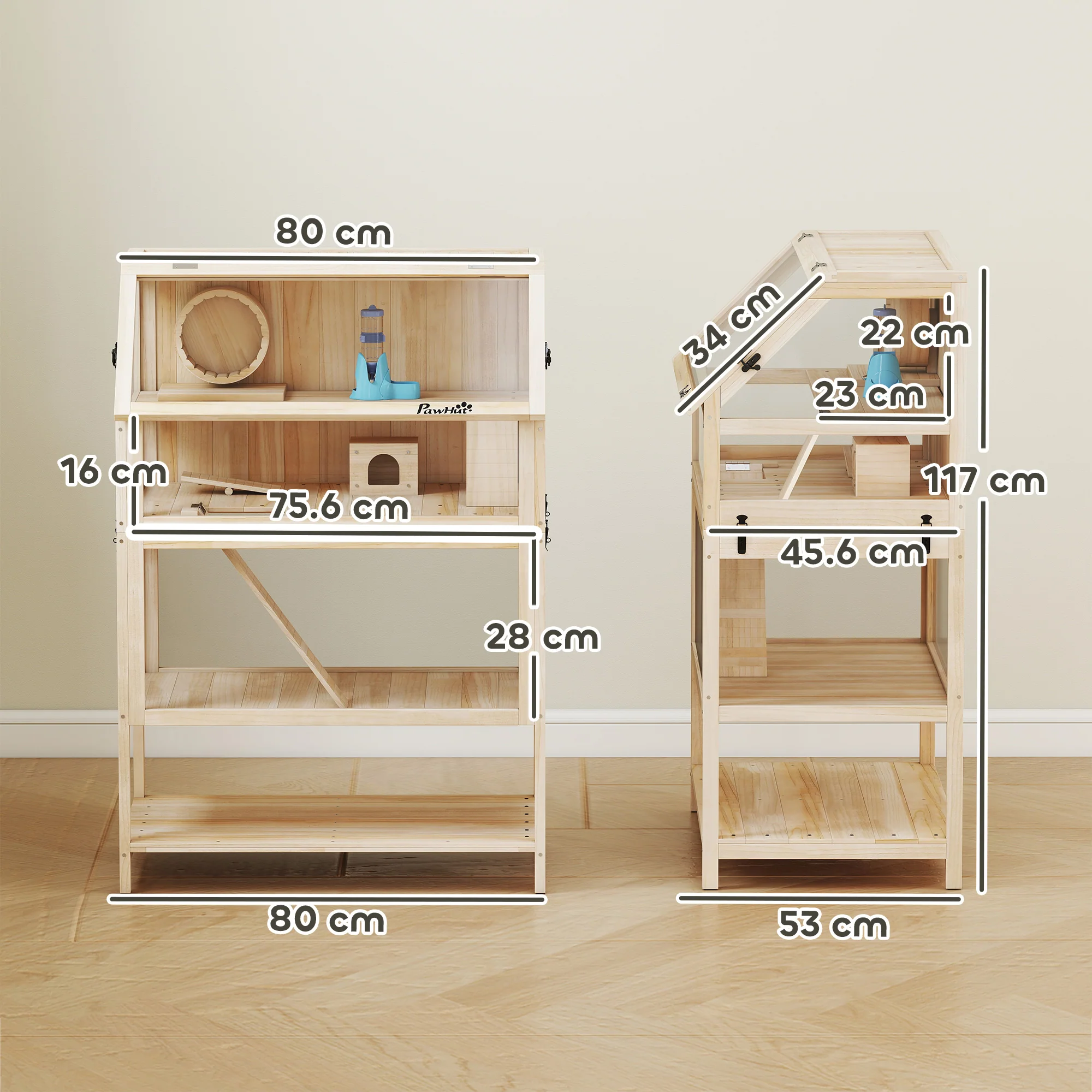 PawHut Wooden 3 Tier Hamster Cage With Storage Shelf For Dwarf, Gerbil - Image 5