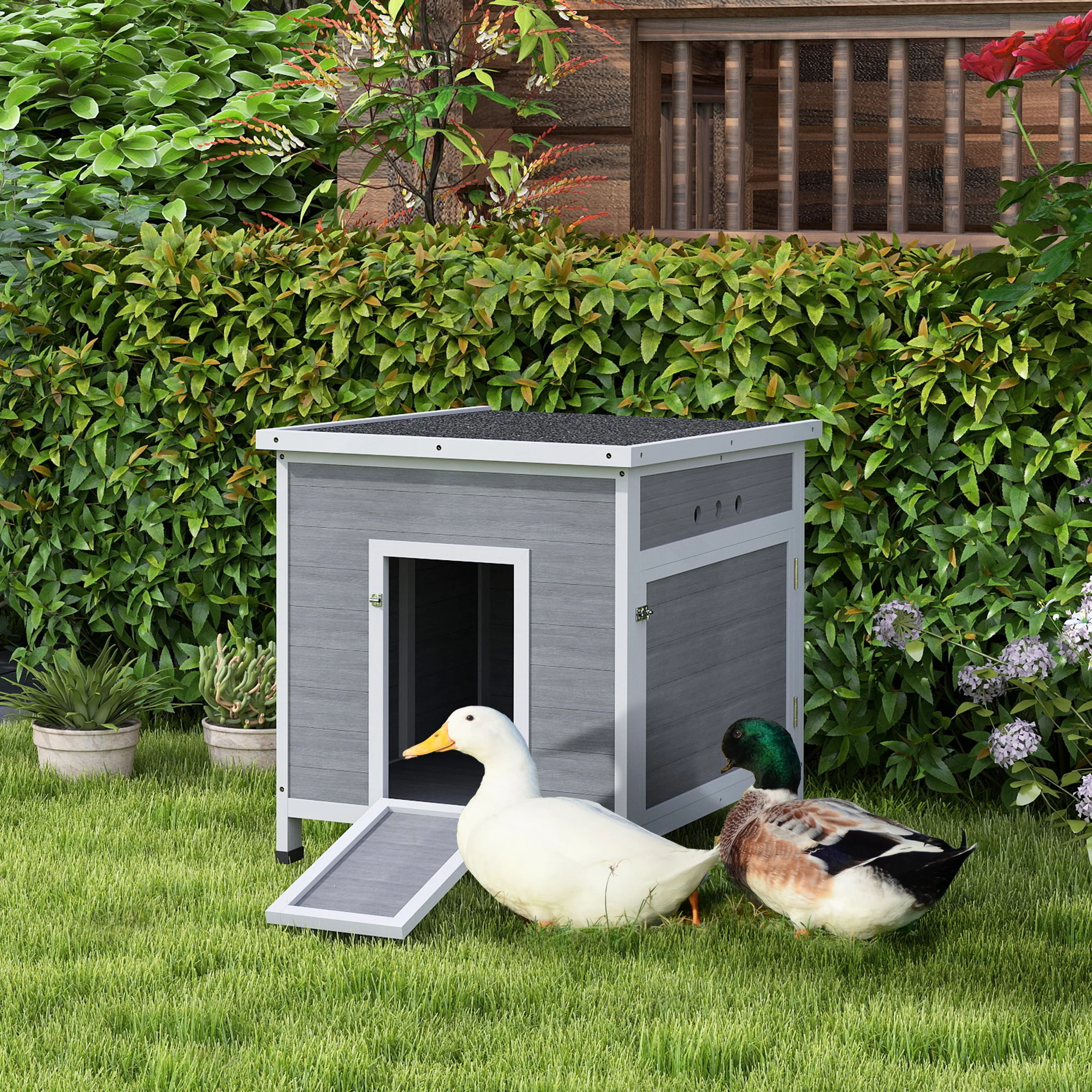 PawHut Wooden Duck House, Poultry Coop W/ Double Doors, Openable Roof, Grey - Image 2