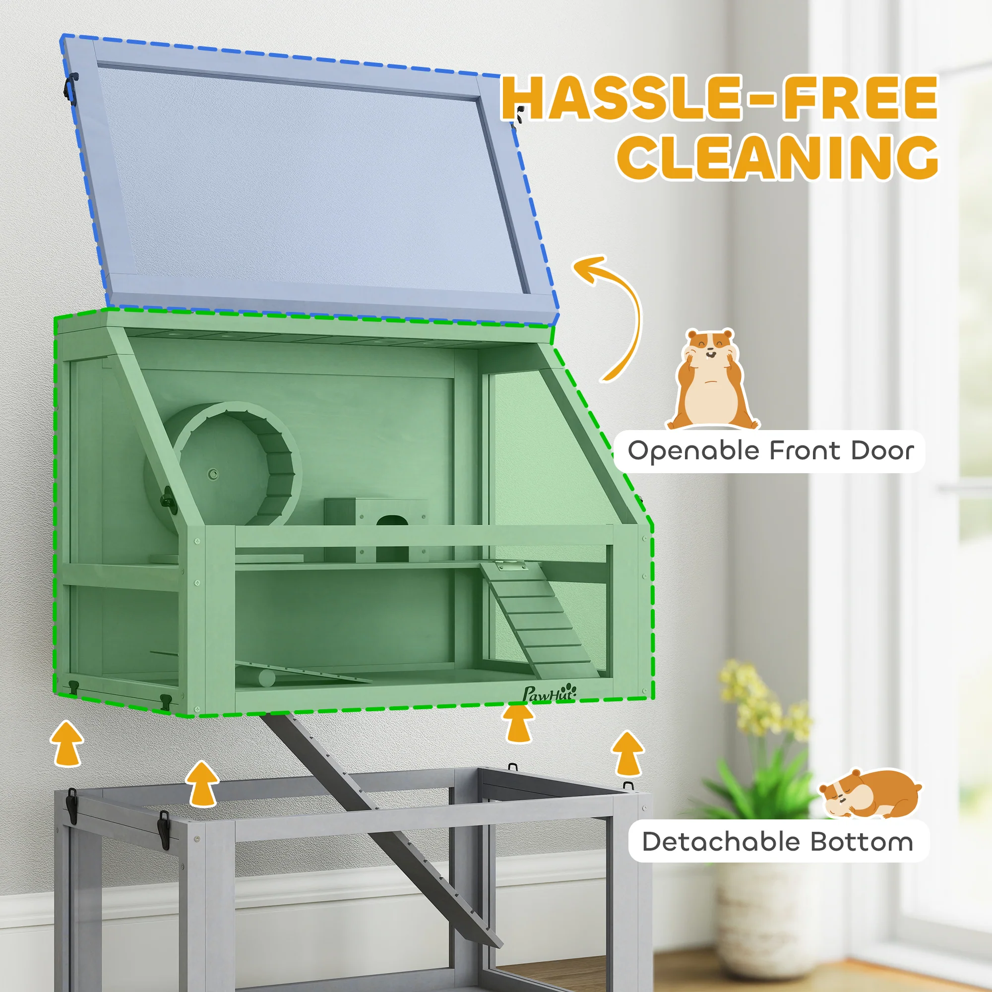 PawHut Wooden Hamster Cage w/ Detachable Bottom, Hut, Seesaw, Light Grey - Image 6