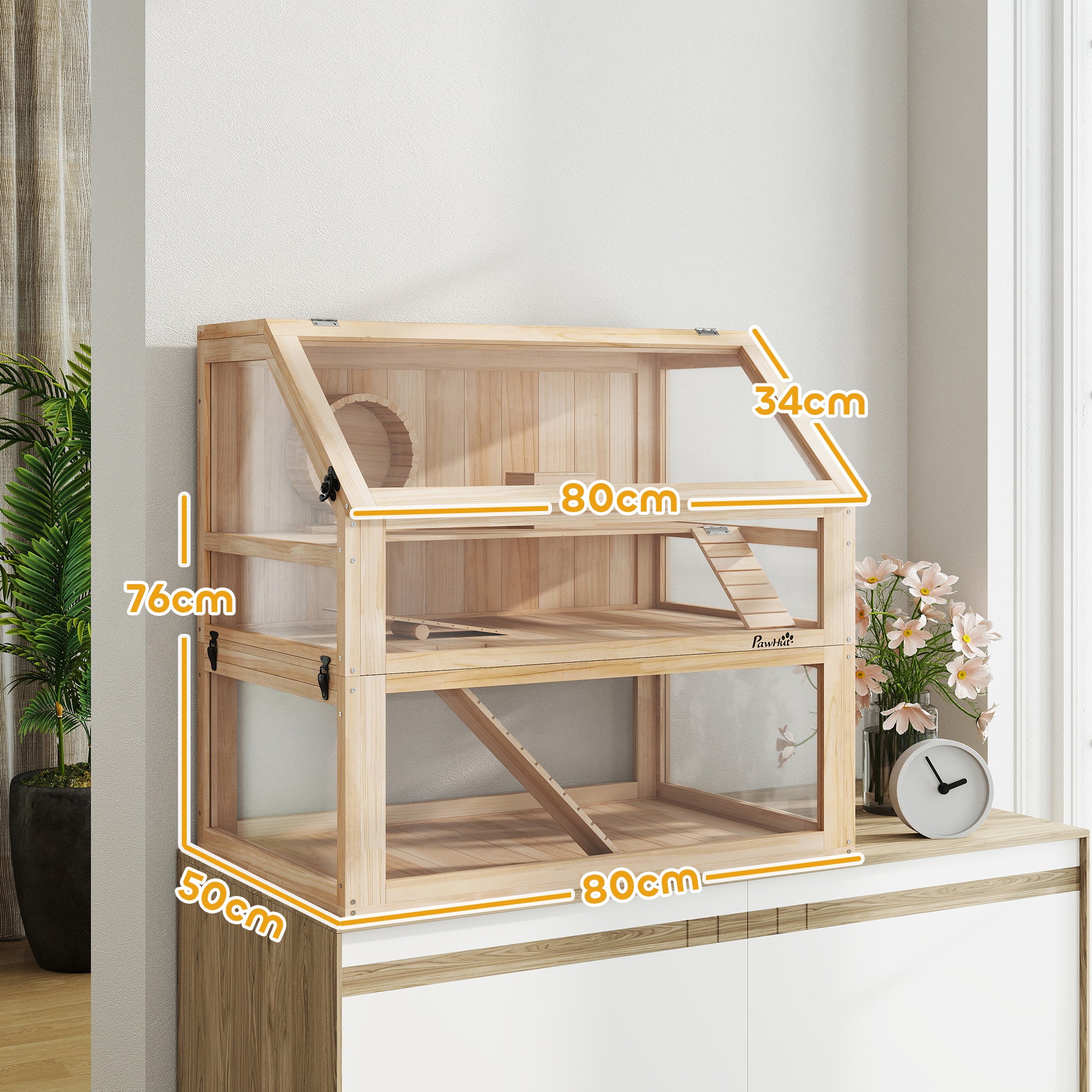 PawHut Wooden Hamster Cage W/ Detachable Bottom, Hut, Seesaw, Natural - Image 5