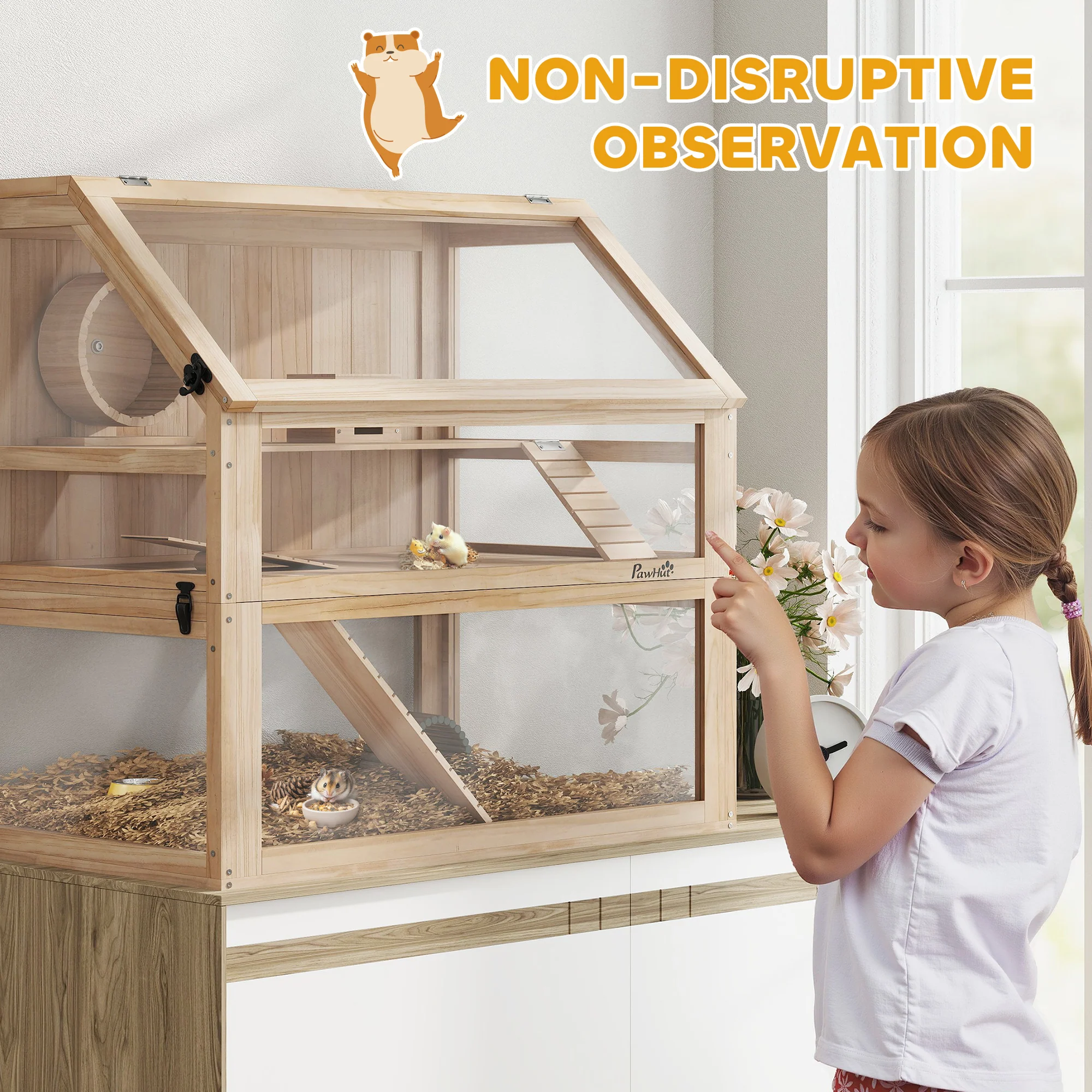 PawHut Wooden Hamster Cage W/ Detachable Bottom, Hut, Seesaw, Natural - Image 7