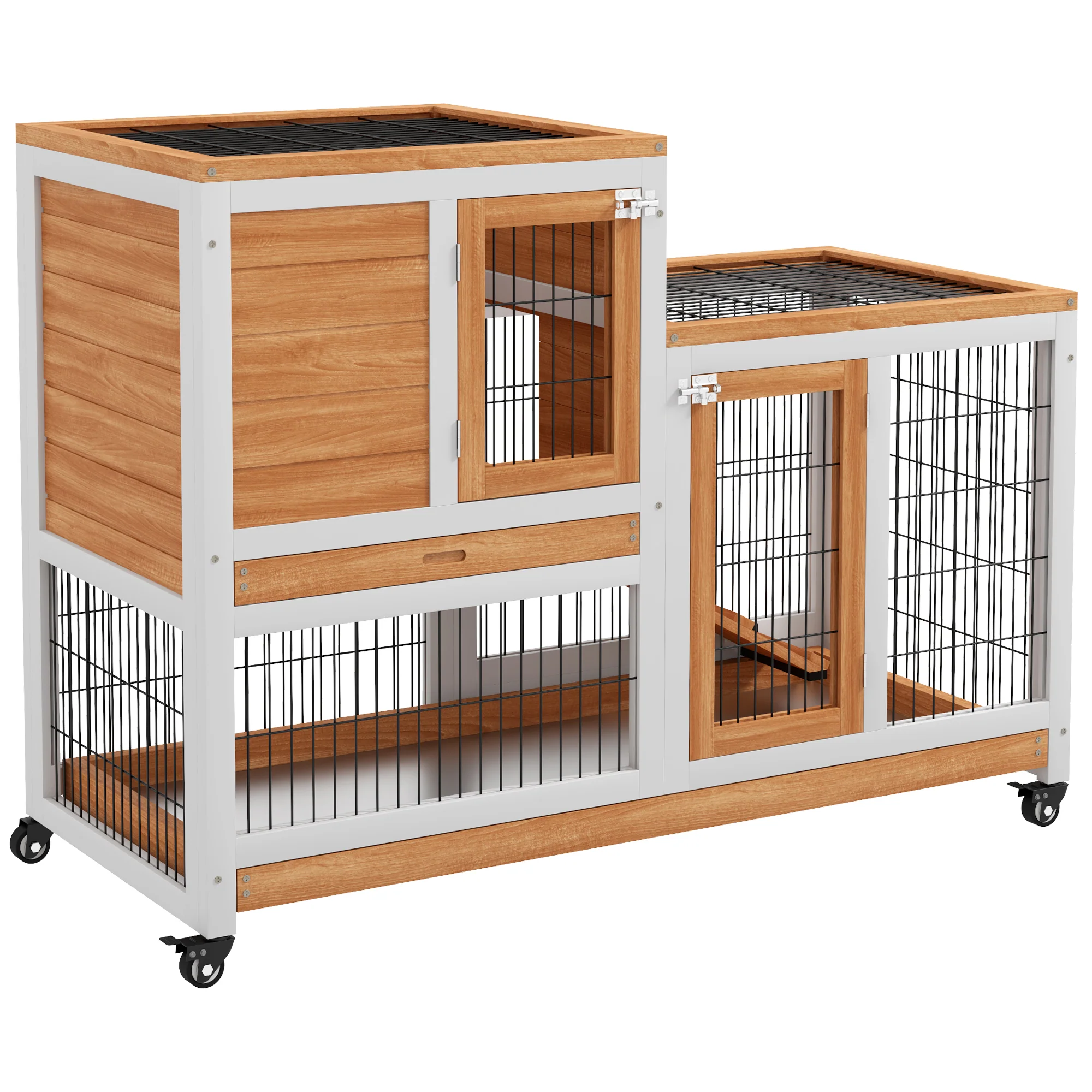 PawHut Wooden Indoor Rabbit Hutch Elevated Bunny Cage W/ Enclosed Run Wheel - Image 2