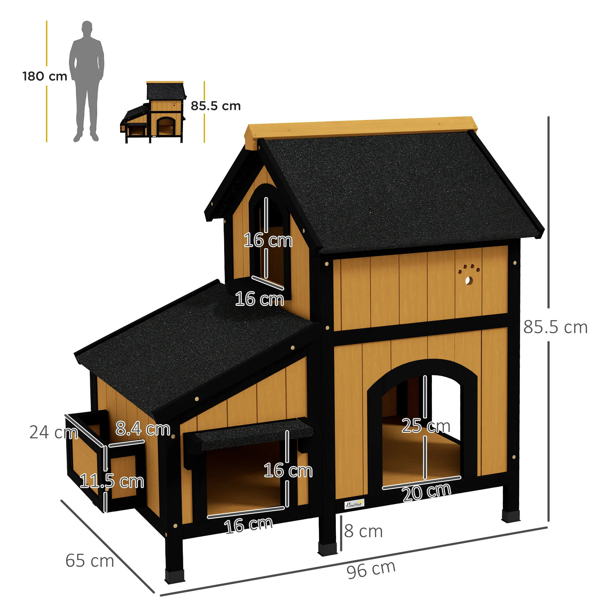 PawHut Wooden Outdoor Cat House w/ Flower Pot, Windows, Multiple Entrances - Image 5