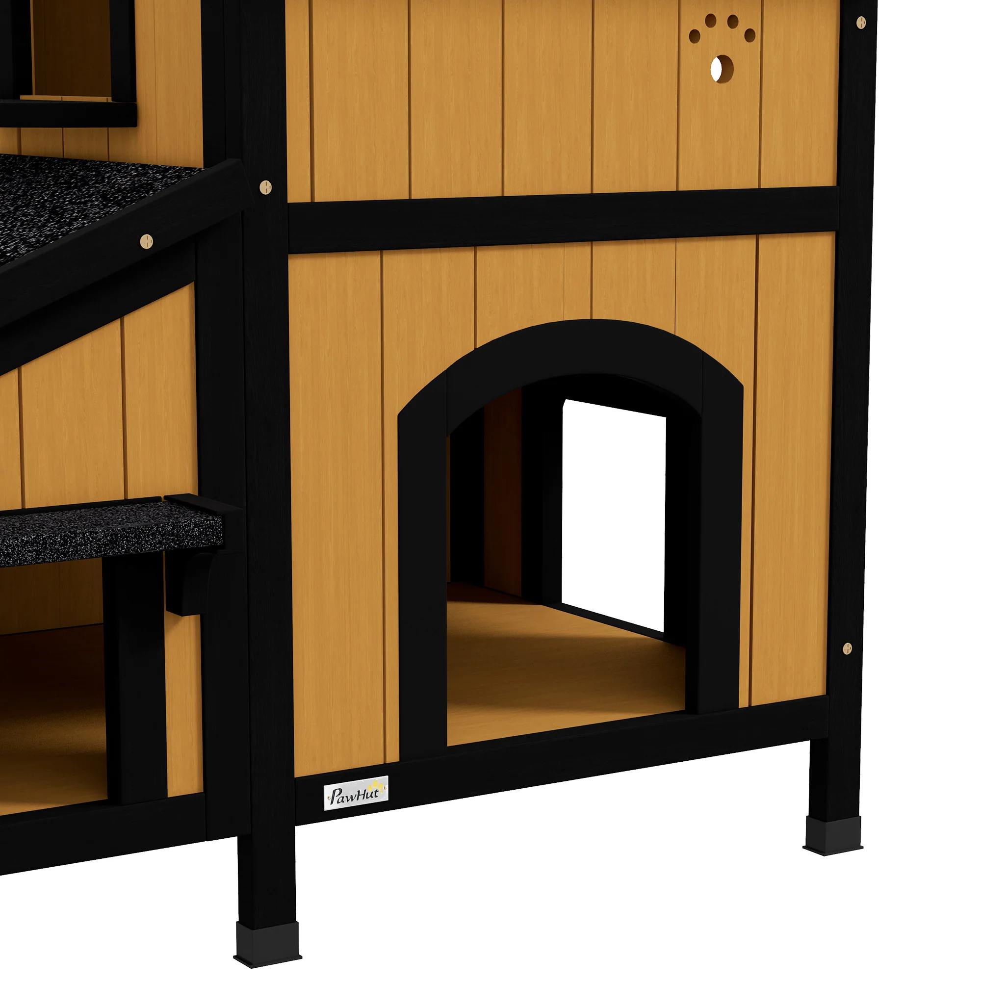 PawHut Wooden Outdoor Cat House w/ Flower Pot, Windows, Multiple Entrances - Image 9