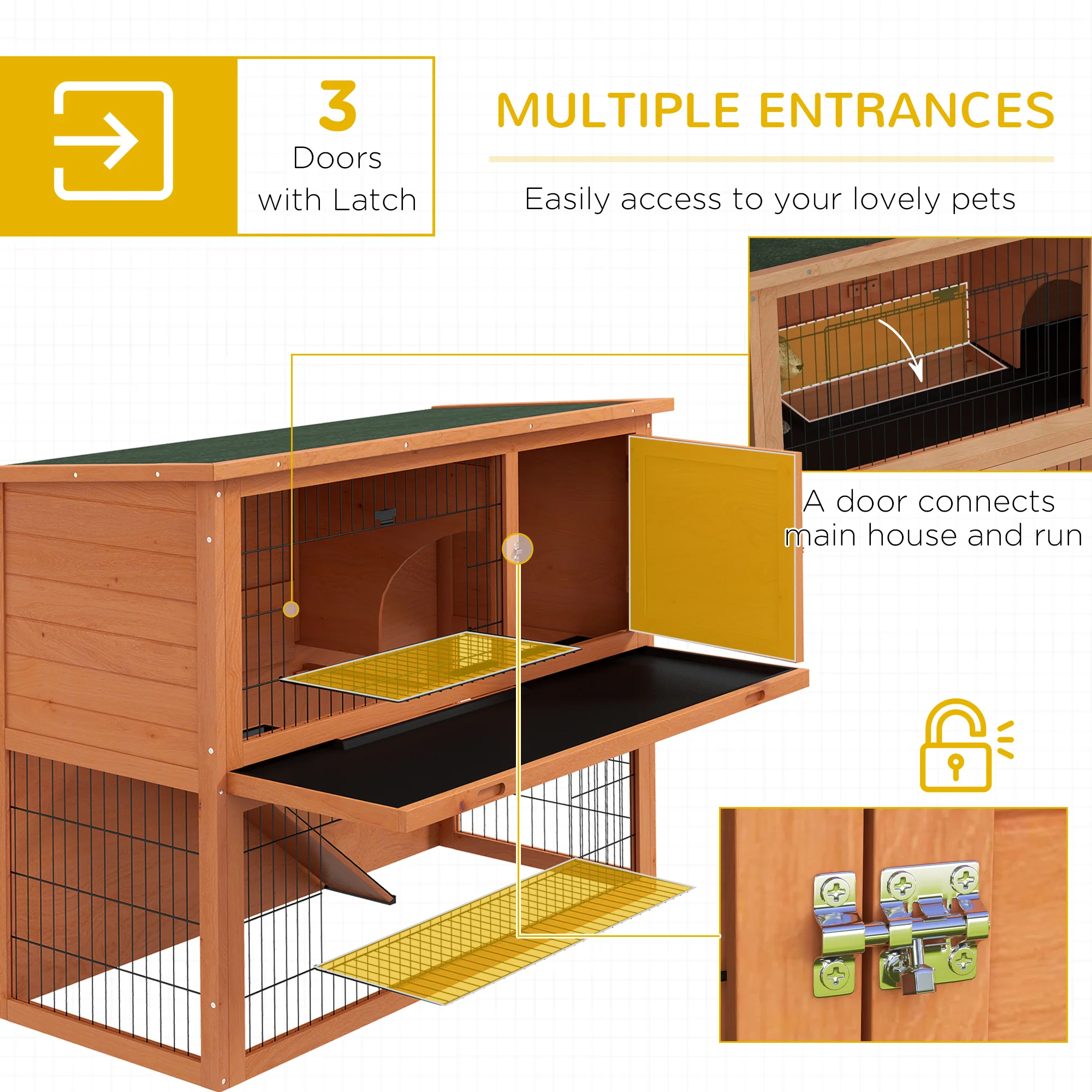 PawHut Wooden Rabbit Hutch, Antiseptic Outdoor, For 1-2 Rabbits - Orange - Image 3
