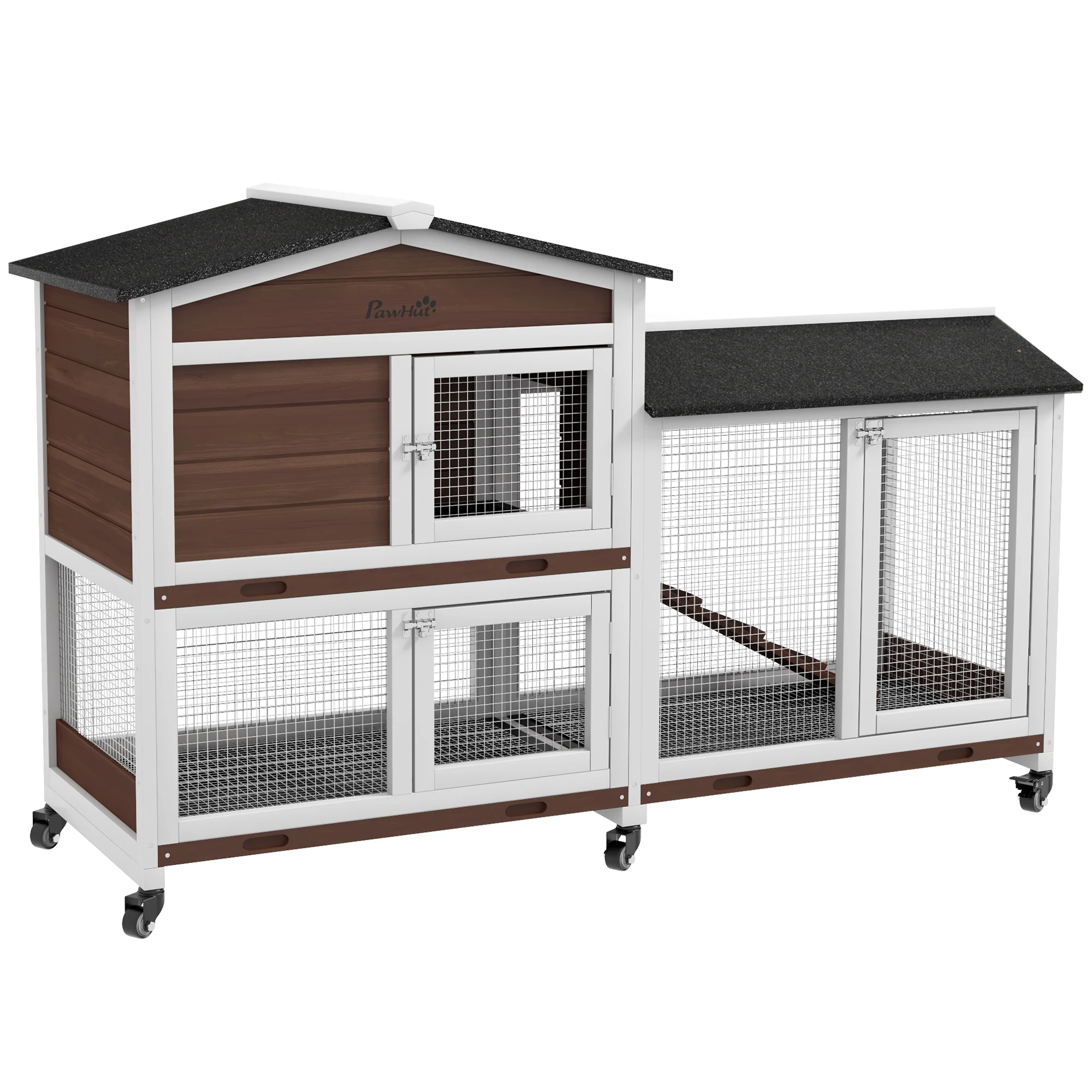 PawHut Wooden Rabbit Hutch Guinea Pig Cage w/ Wheels, Run, Ramp - Image 10