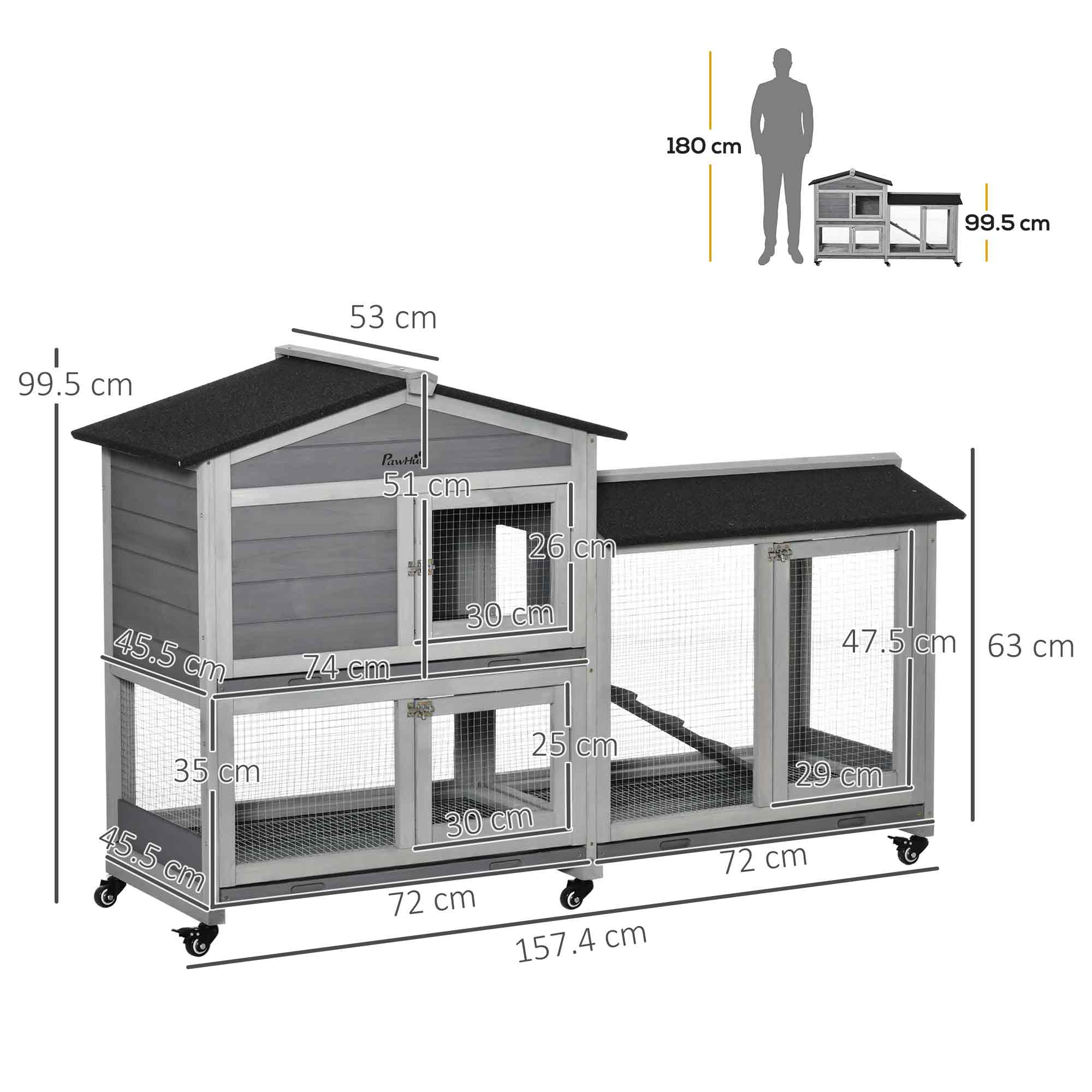 PawHut Wooden Rabbit Hutch Guinea Pig Cage w/ Wheels, Run, Ramp - Image 5