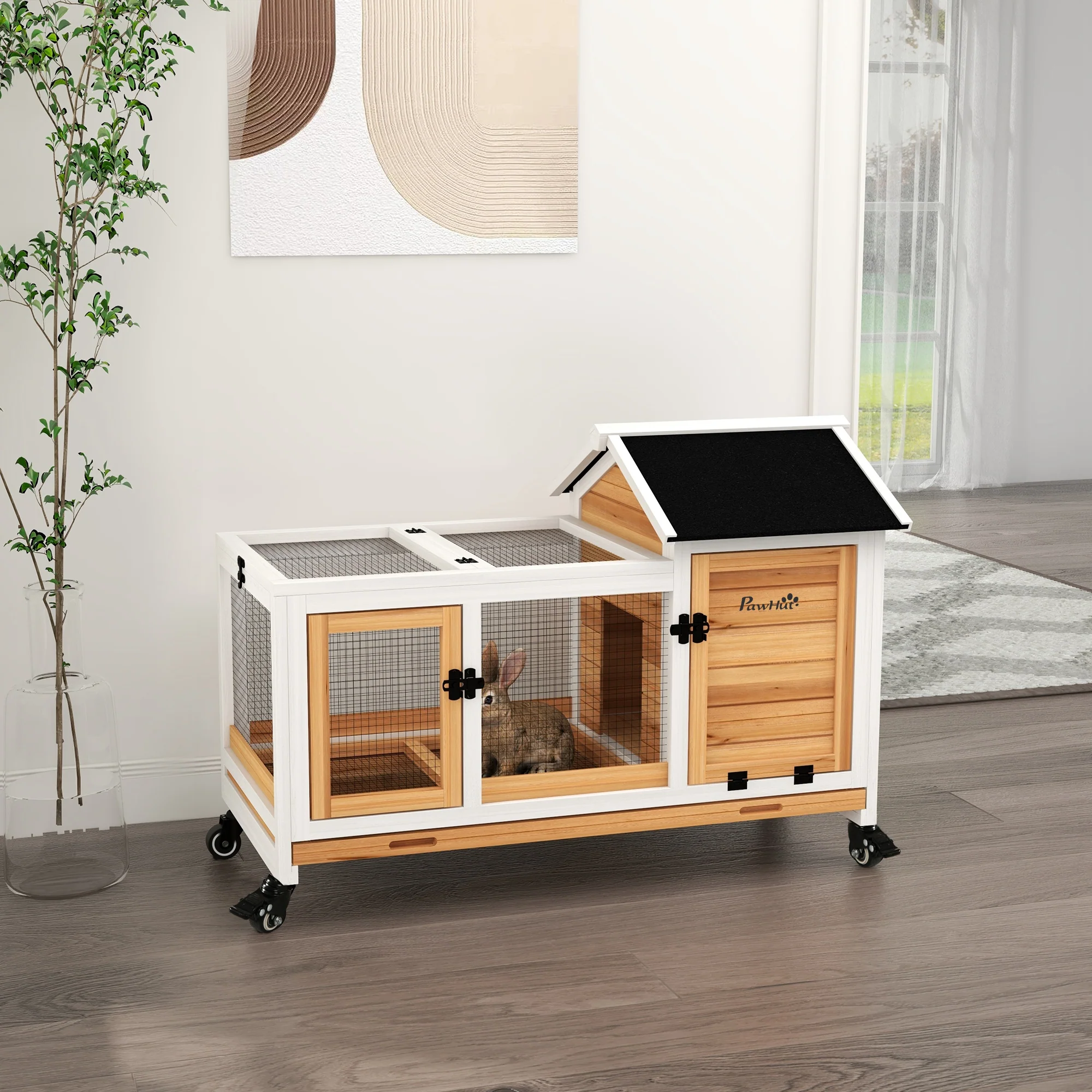 PawHut Wooden Rabbit Hutch, Small Animal House w/ Wheels, Removable Tray - Image 11