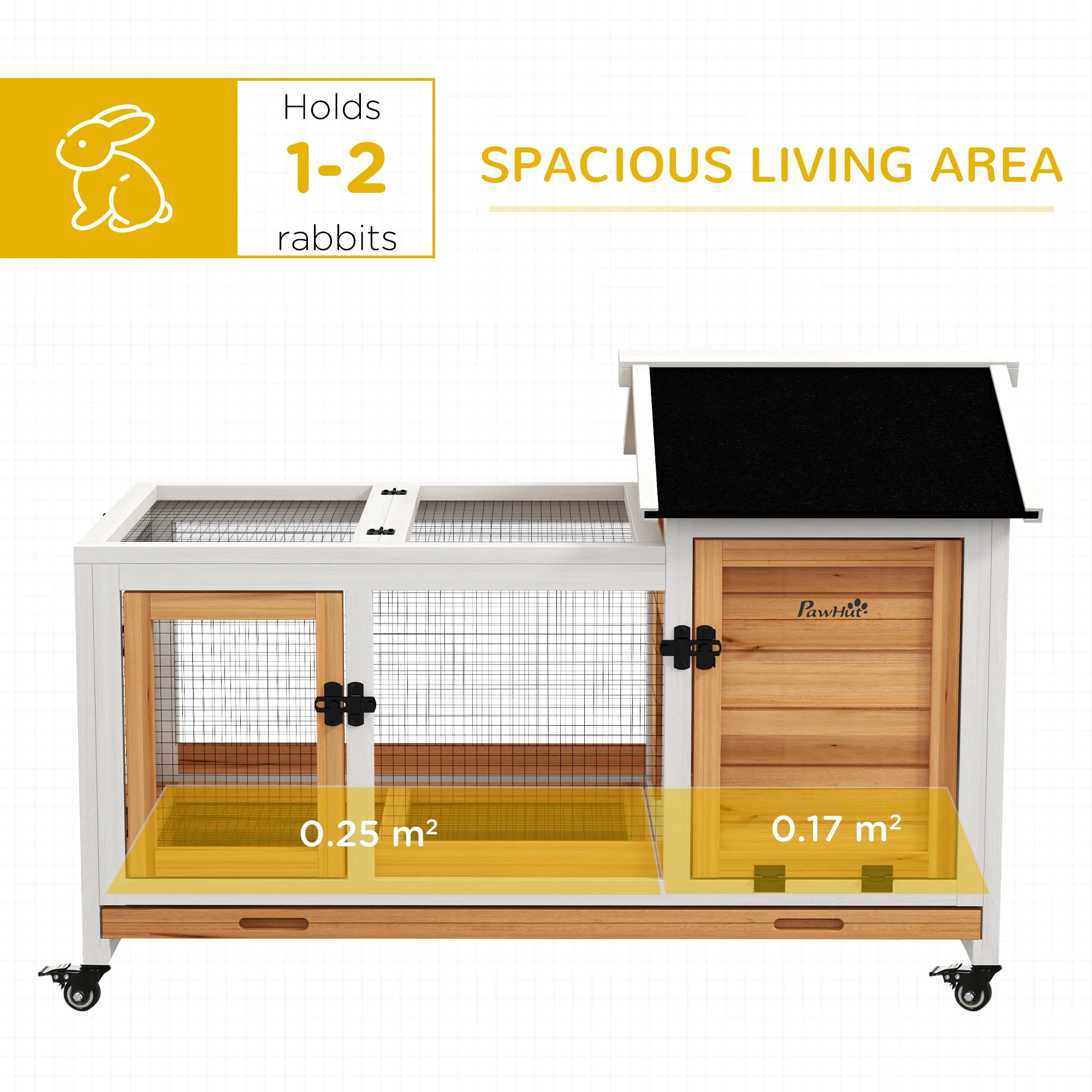 PawHut Wooden Rabbit Hutch, Small Animal House w/ Wheels, Removable Tray - Image 12