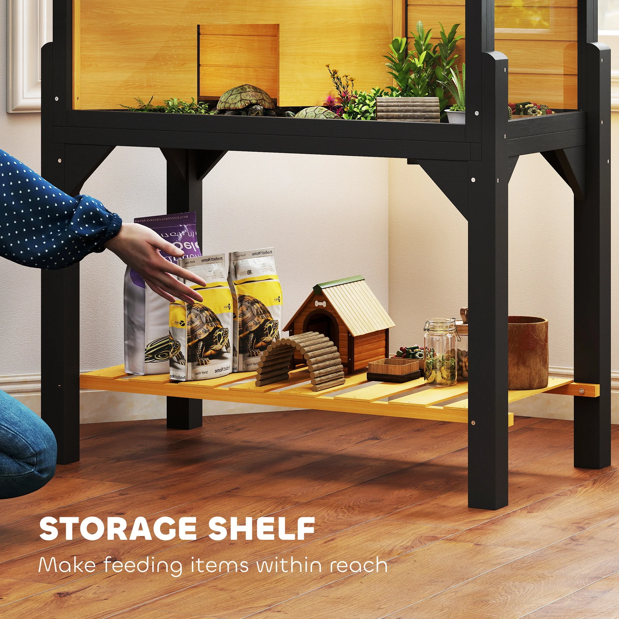 PawHut Wooden Tortoise House With Storage Shelf, Clear Observation Windows - Image 3