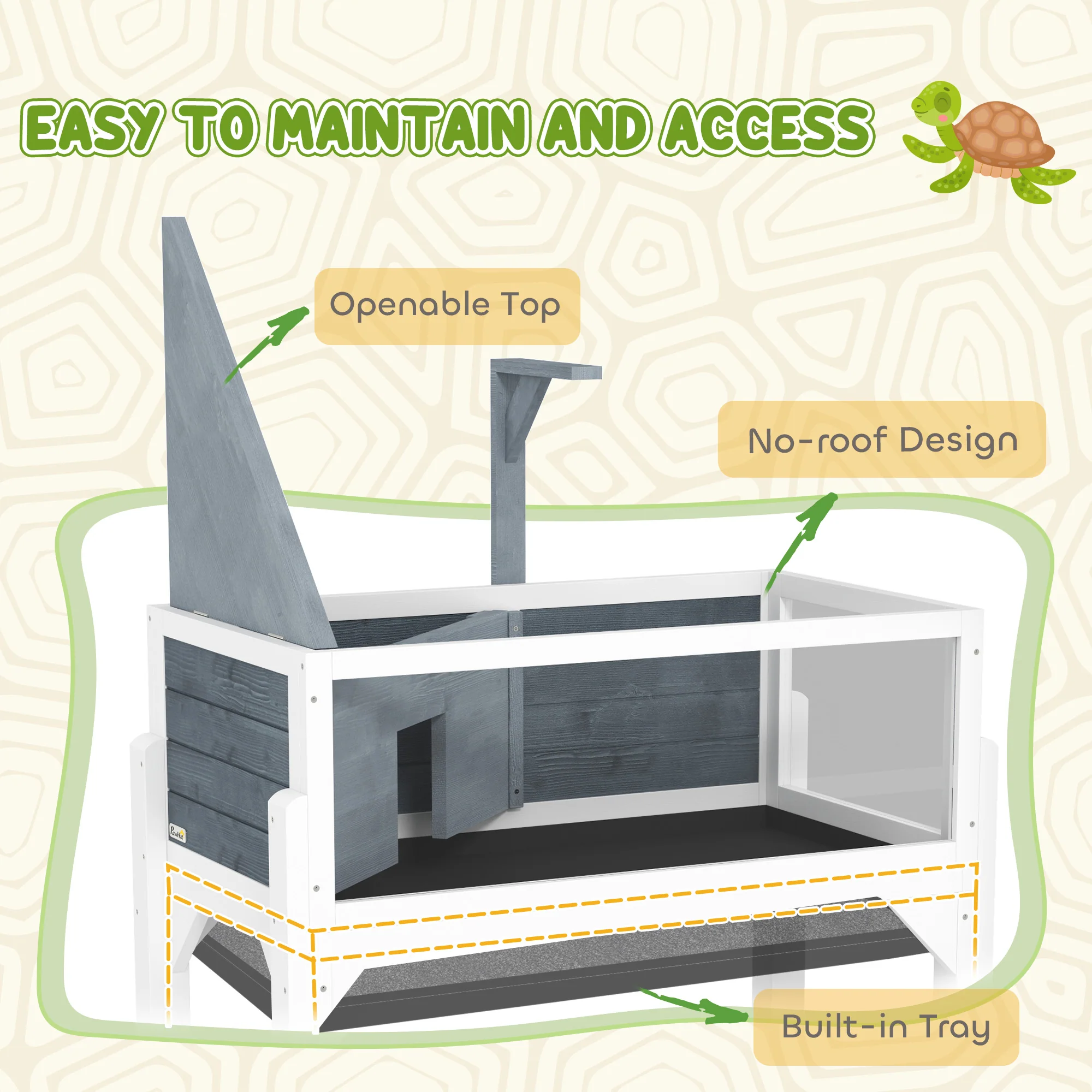 PawHut Wooden Tortoise House with Storage Shelf, Clear Observation Windows - Image 8