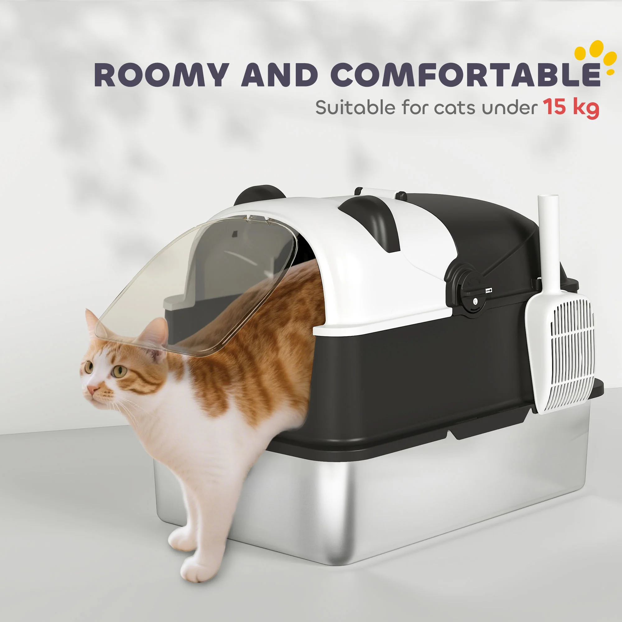 PawHut XL Stainless Steel Litter Box Tray With Lid, Panda Style - Image 4