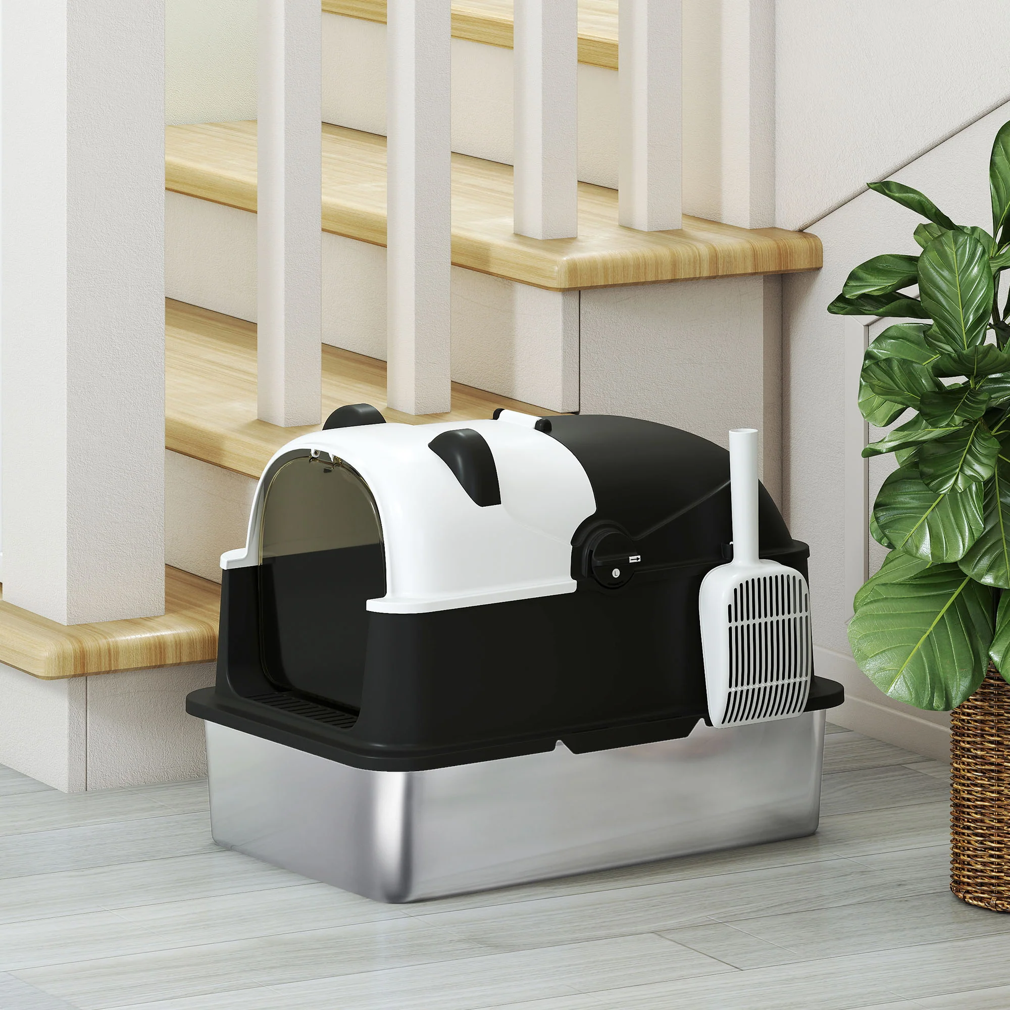PawHut XL Stainless Steel Litter Box Tray With Lid, Panda Style - Image 9