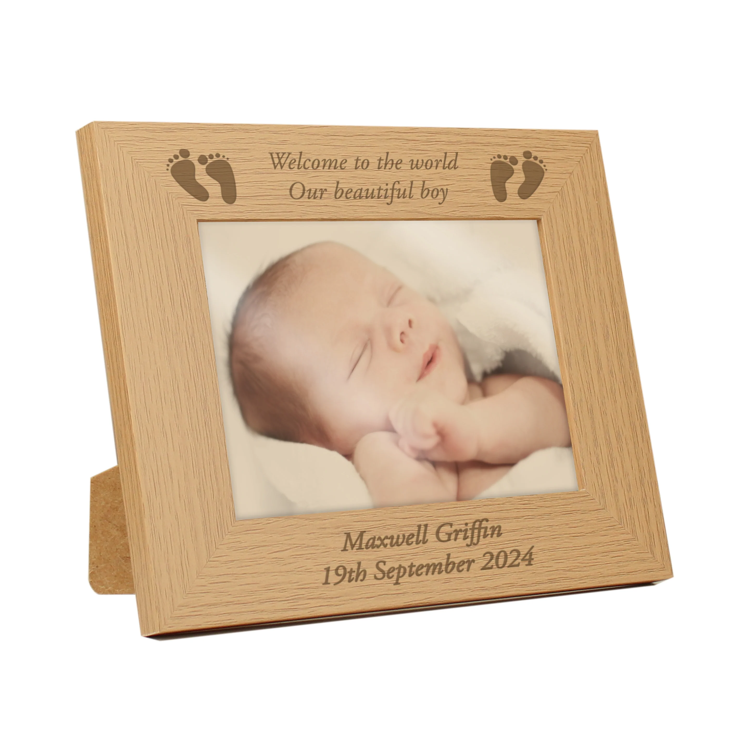 Personalised Baby Feet 5x7 Landscape Oak Finish Photo Frame - Image 4