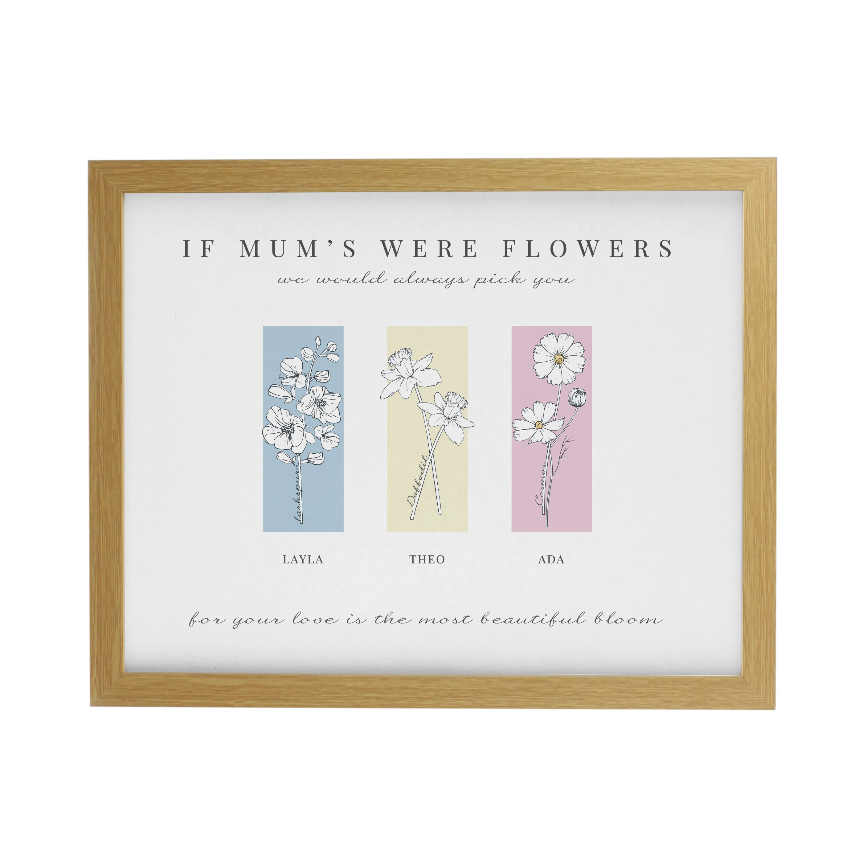 Personalised Birth Flower Family of 3 Oak Framed Print - Image 2
