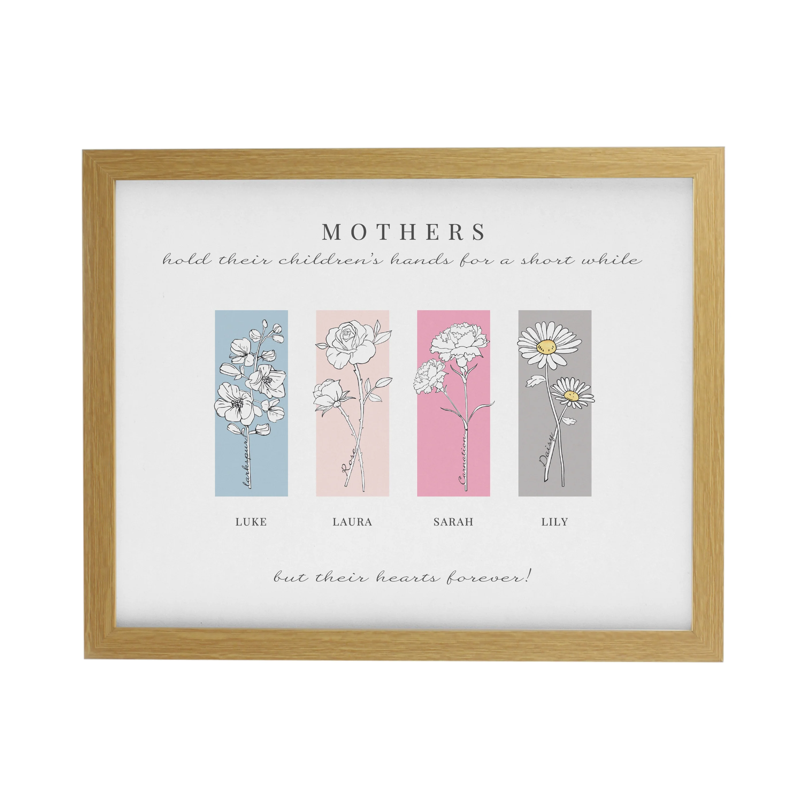 Personalised Birth Flower Family of 3 Oak Framed Print - Image 3