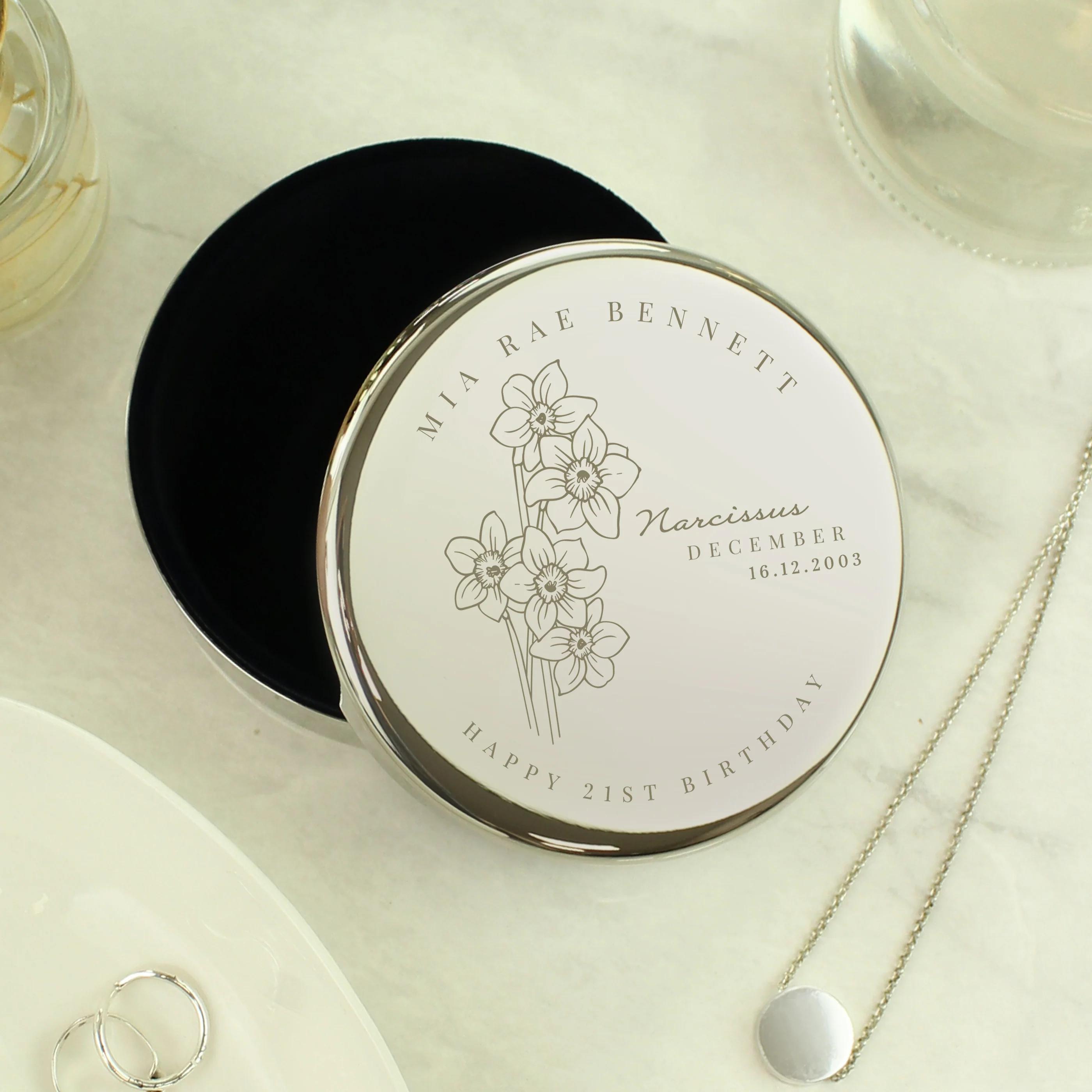 Personalised Birth Month Birth Flower Round Trinket Box - Image 46