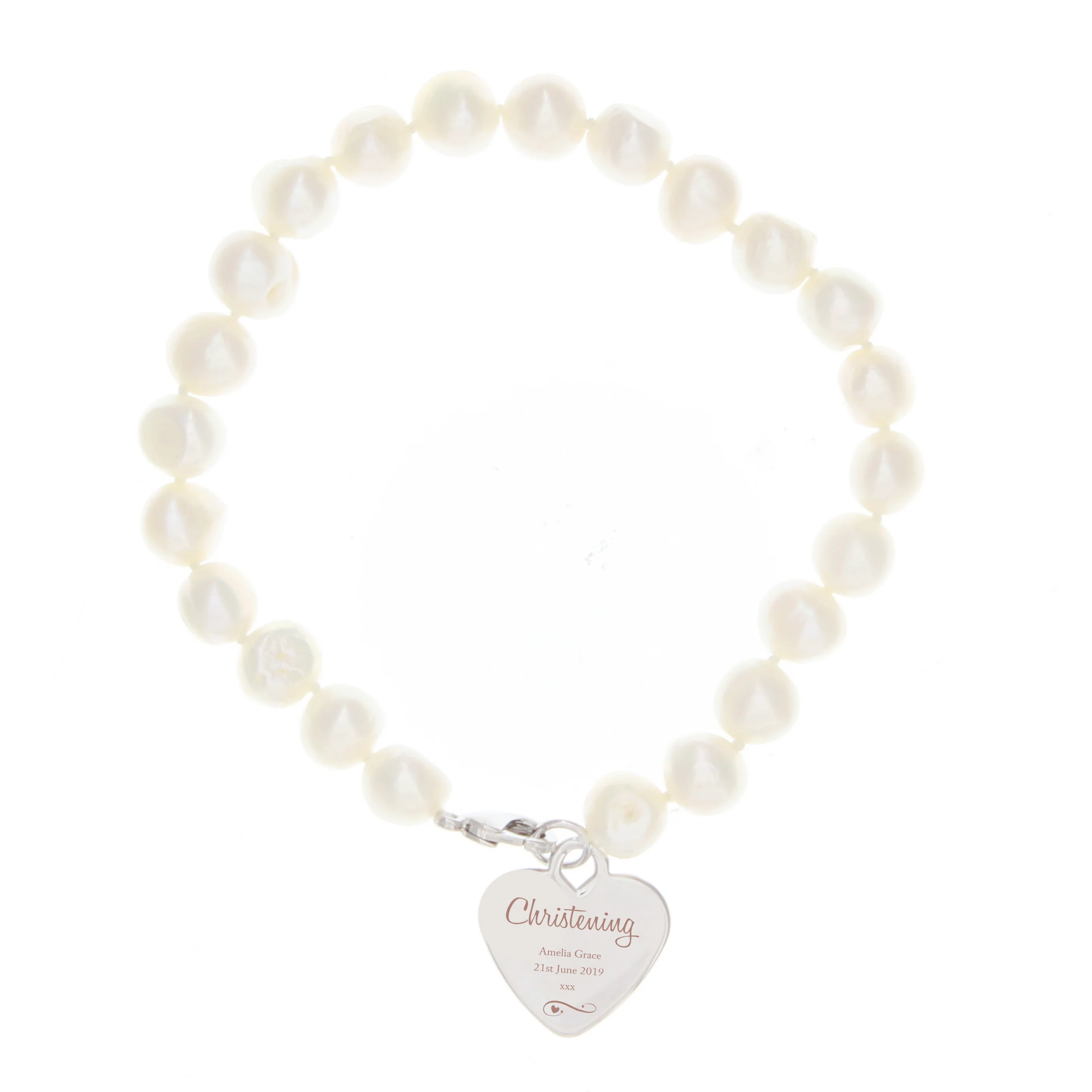Personalised Christening Swirls & Hearts White Freshwater Pearl Bracelet - Image 2
